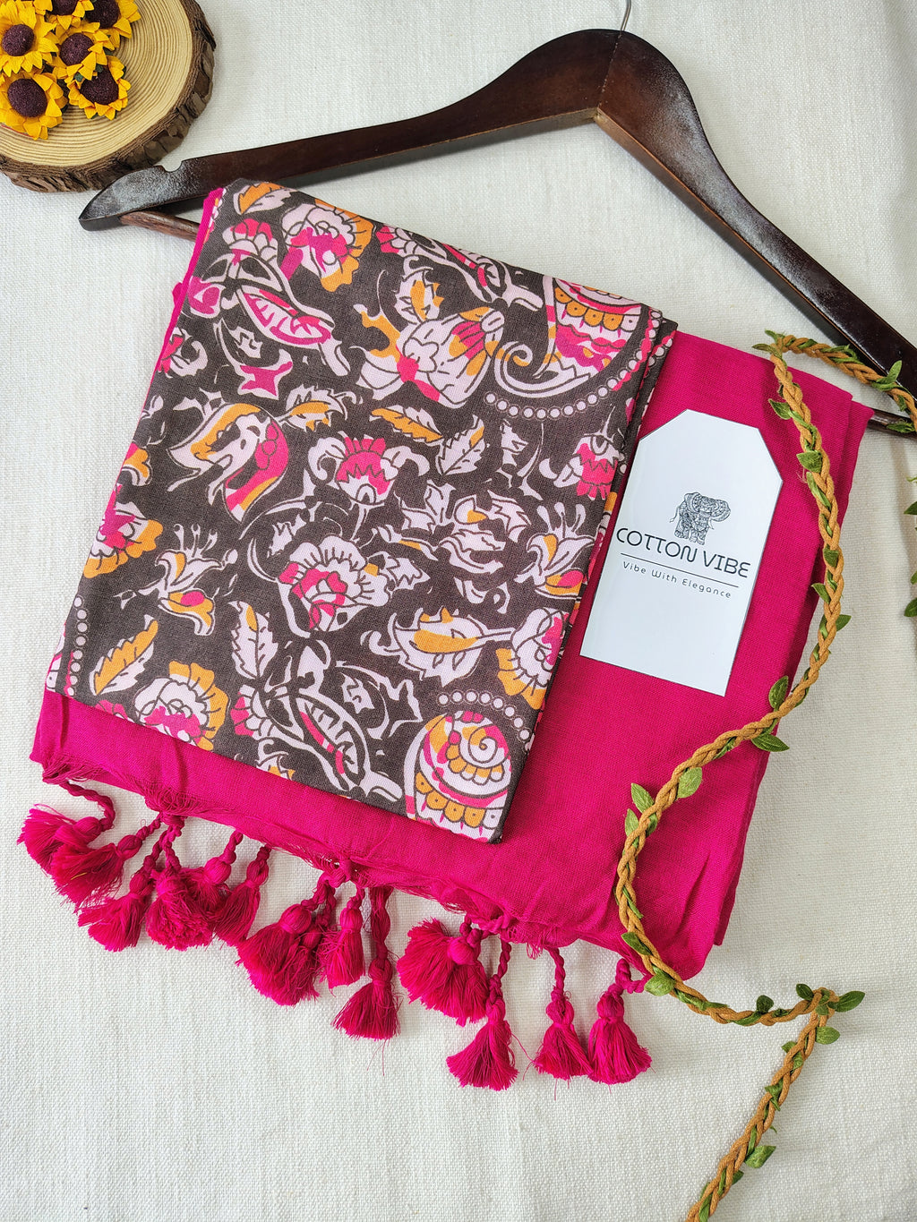 Pink Cotton Khadi Saree With Designer Flower Based Printed Blouse