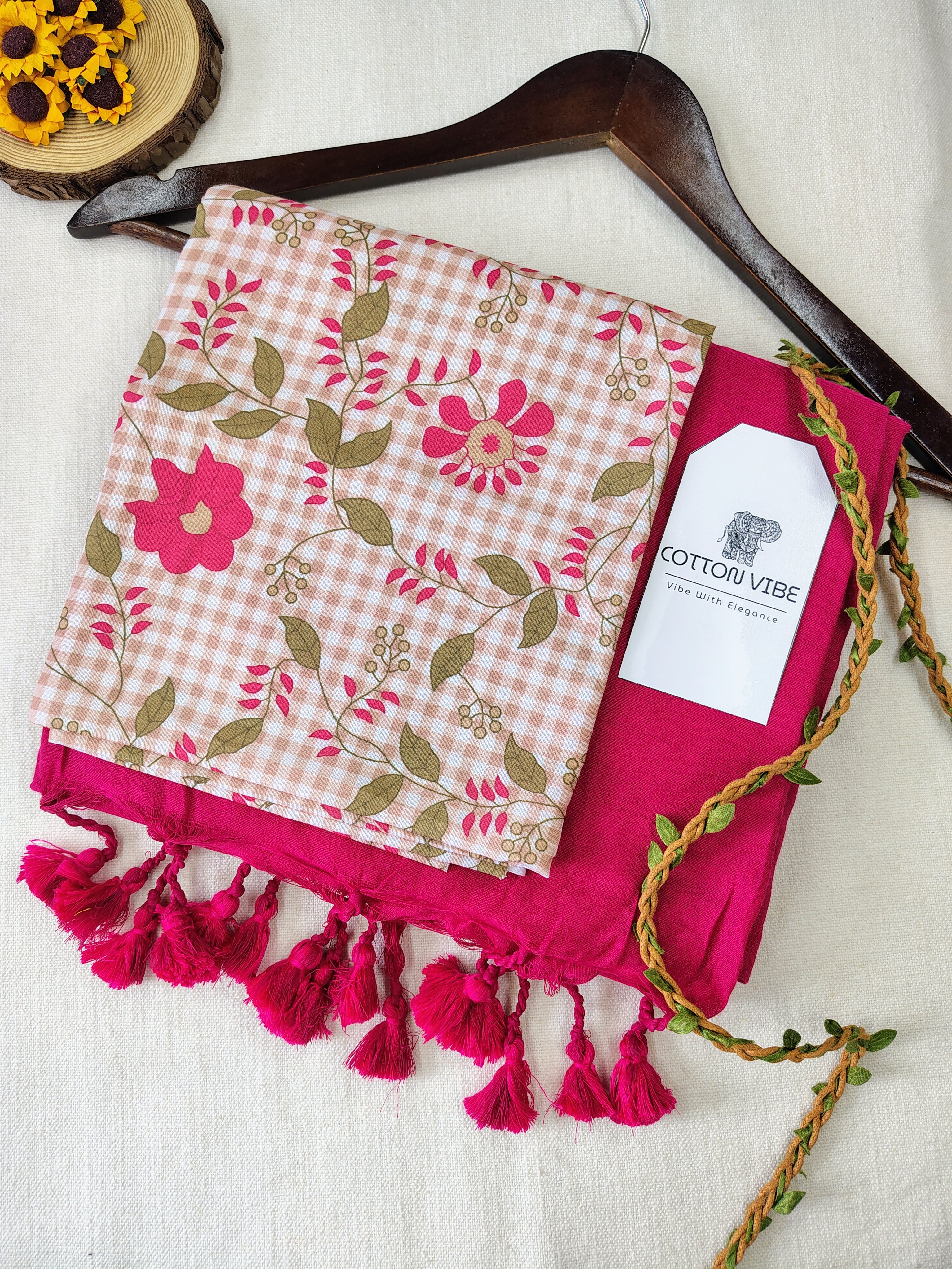 Pink Cotton Khadi Saree With Designer Flower Based Printed Blouse