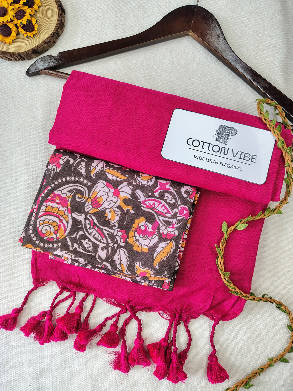 Pink Cotton Khadi Saree With Designer Flower Based Printed Blouse