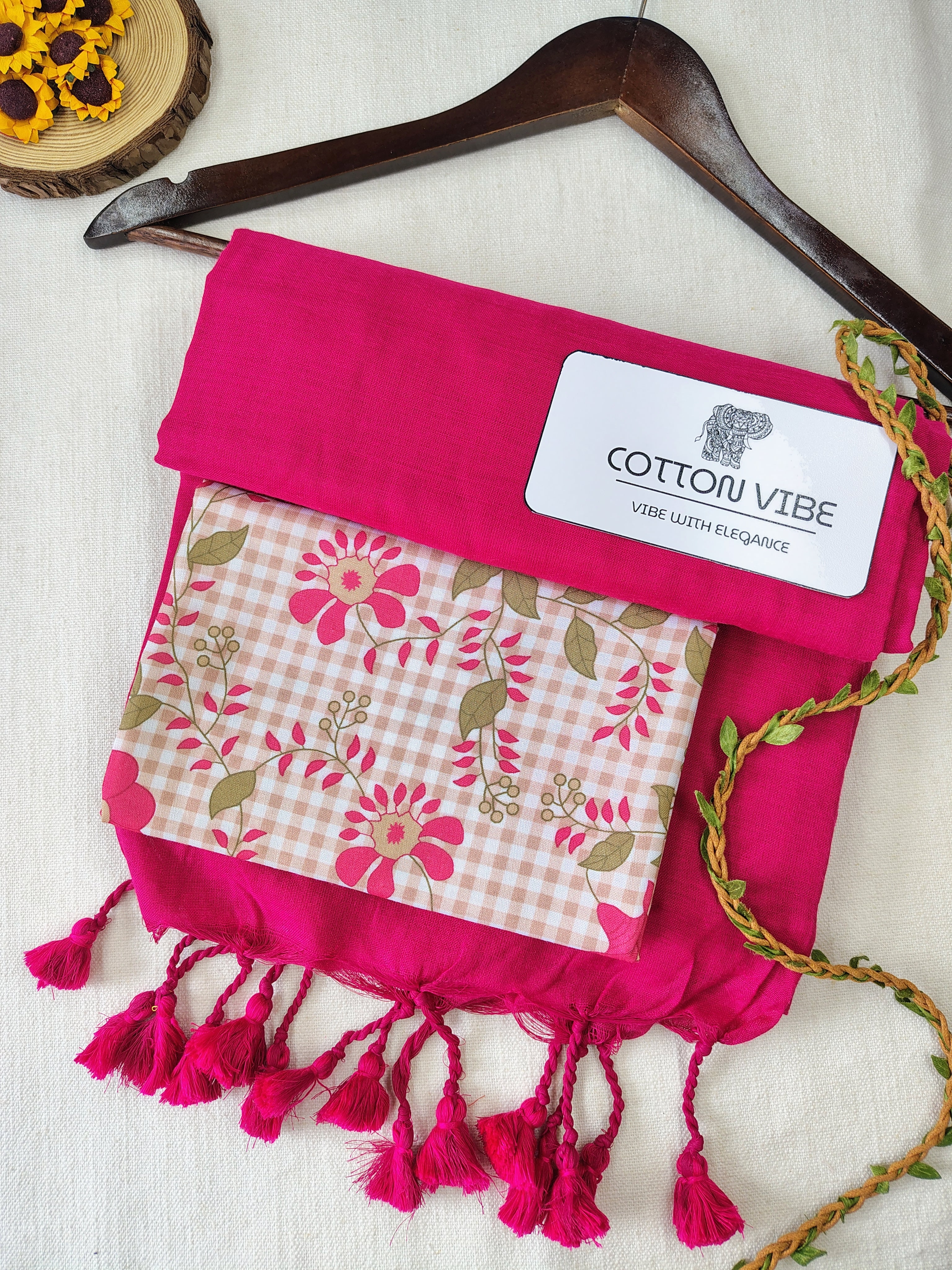 Pink Cotton Khadi Saree With Designer Flower Based Printed Blouse