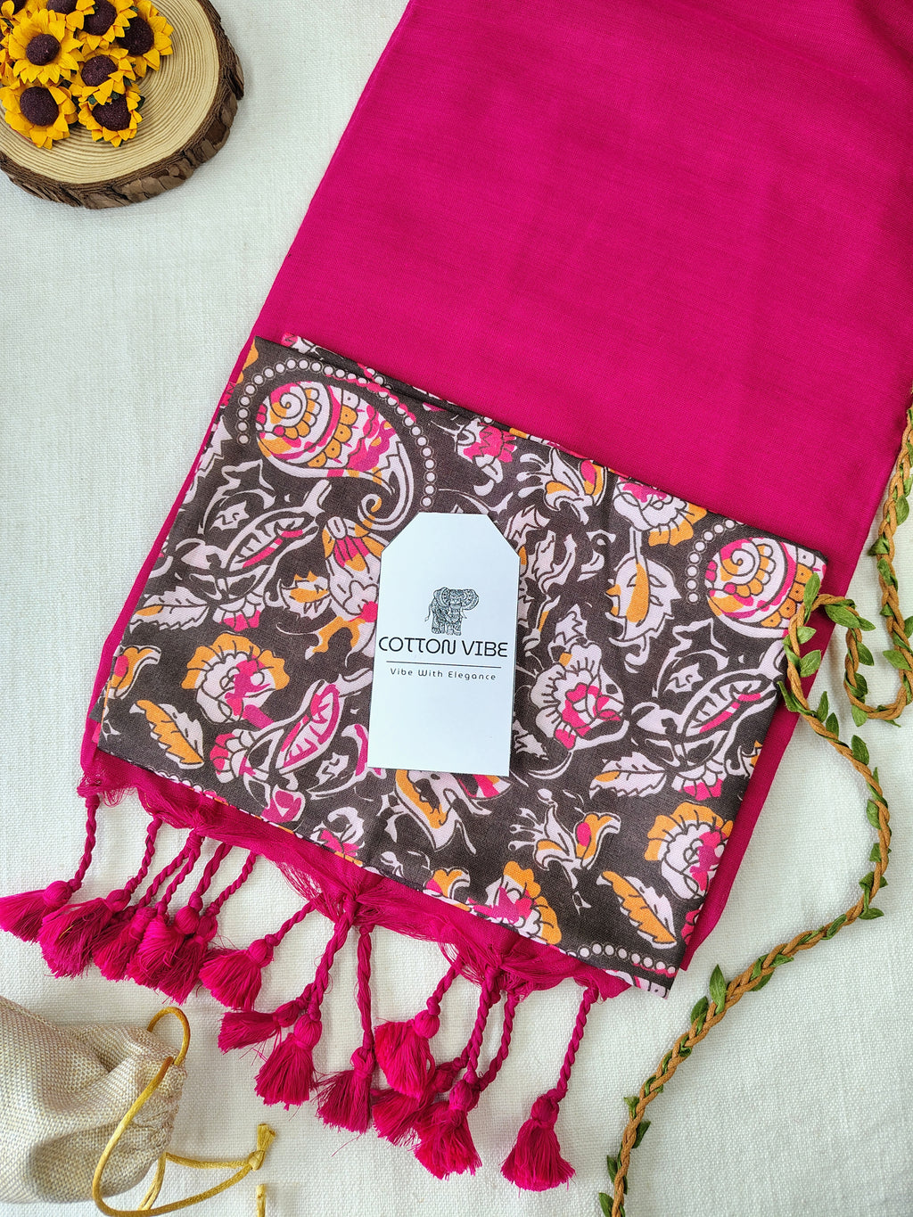 Pink Cotton Khadi Saree With Designer Flower Based Printed Blouse