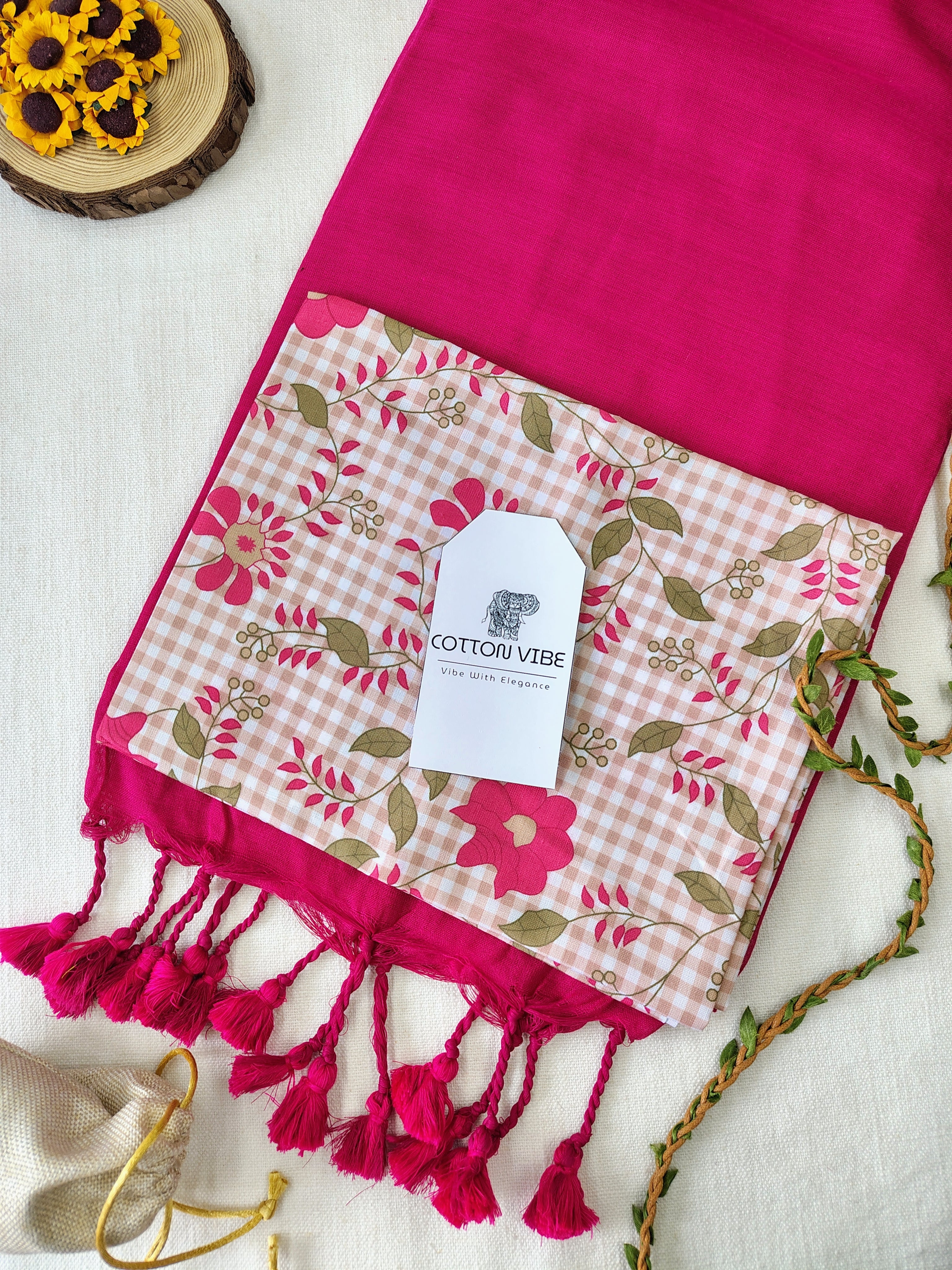 Pink Cotton Khadi Saree With Designer Flower Based Printed Blouse