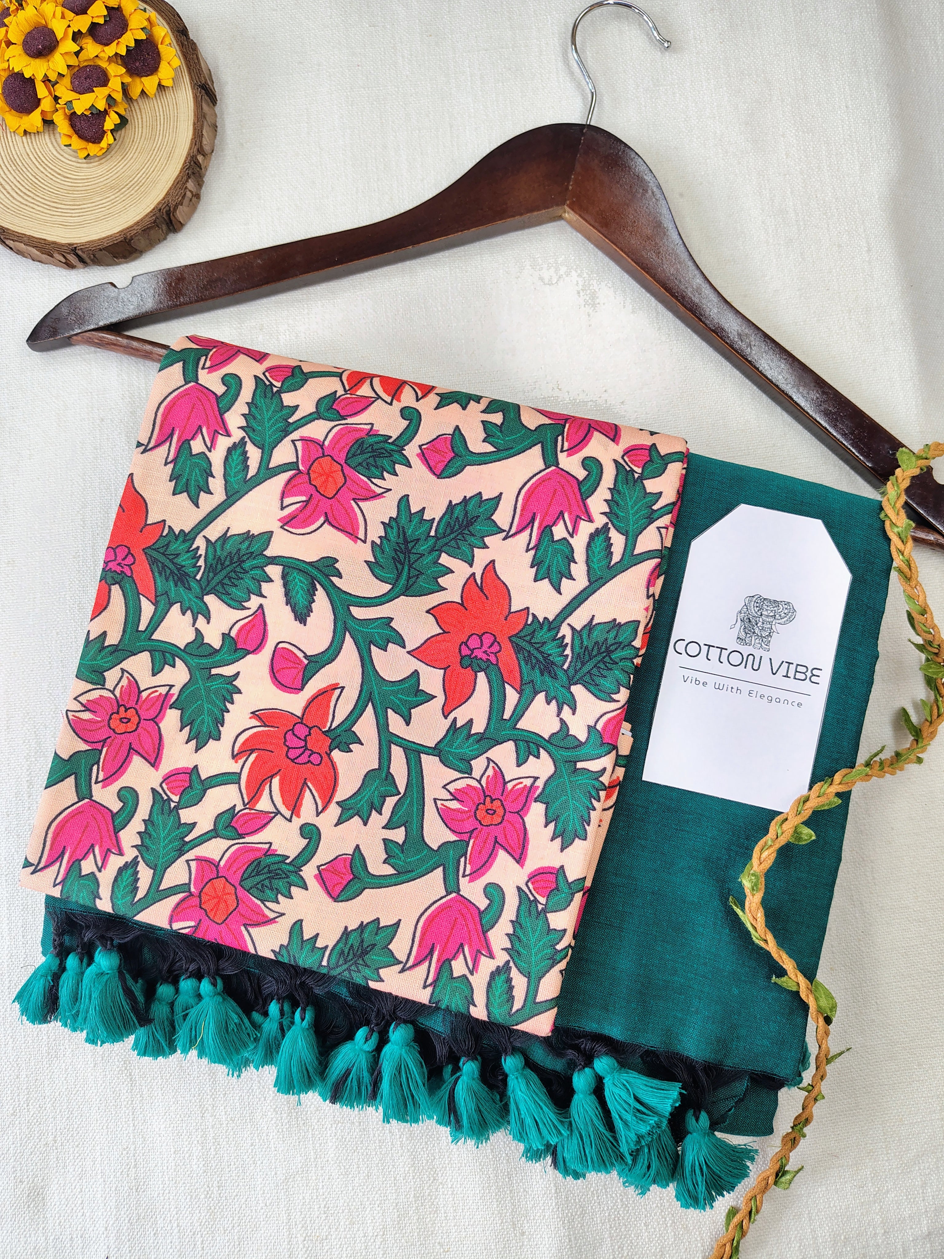 Green Cotton Khadi Saree With Designer Flower Based Printed Blouse