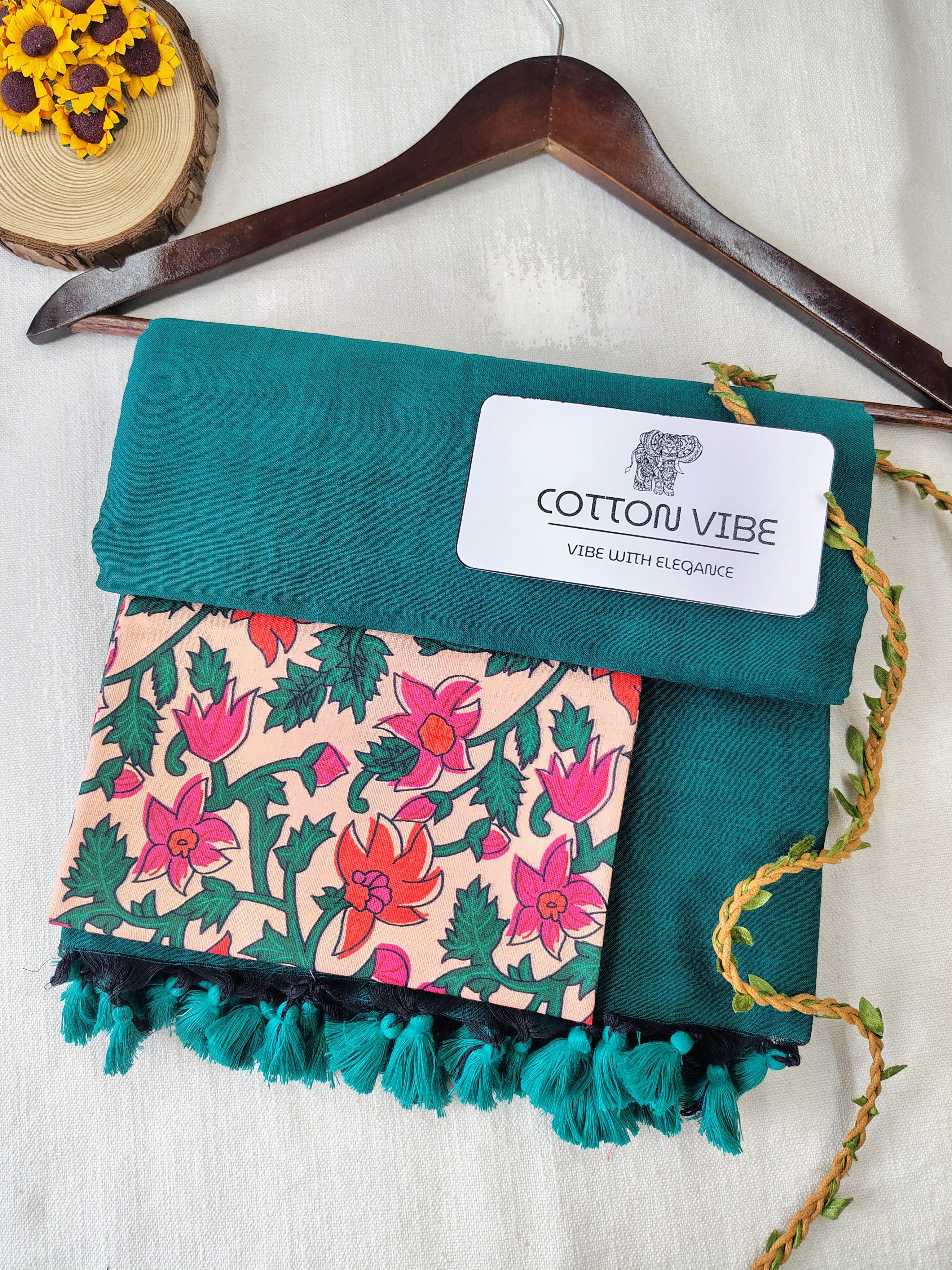 Green Cotton Khadi Saree With Designer Flower Based Printed Blouse