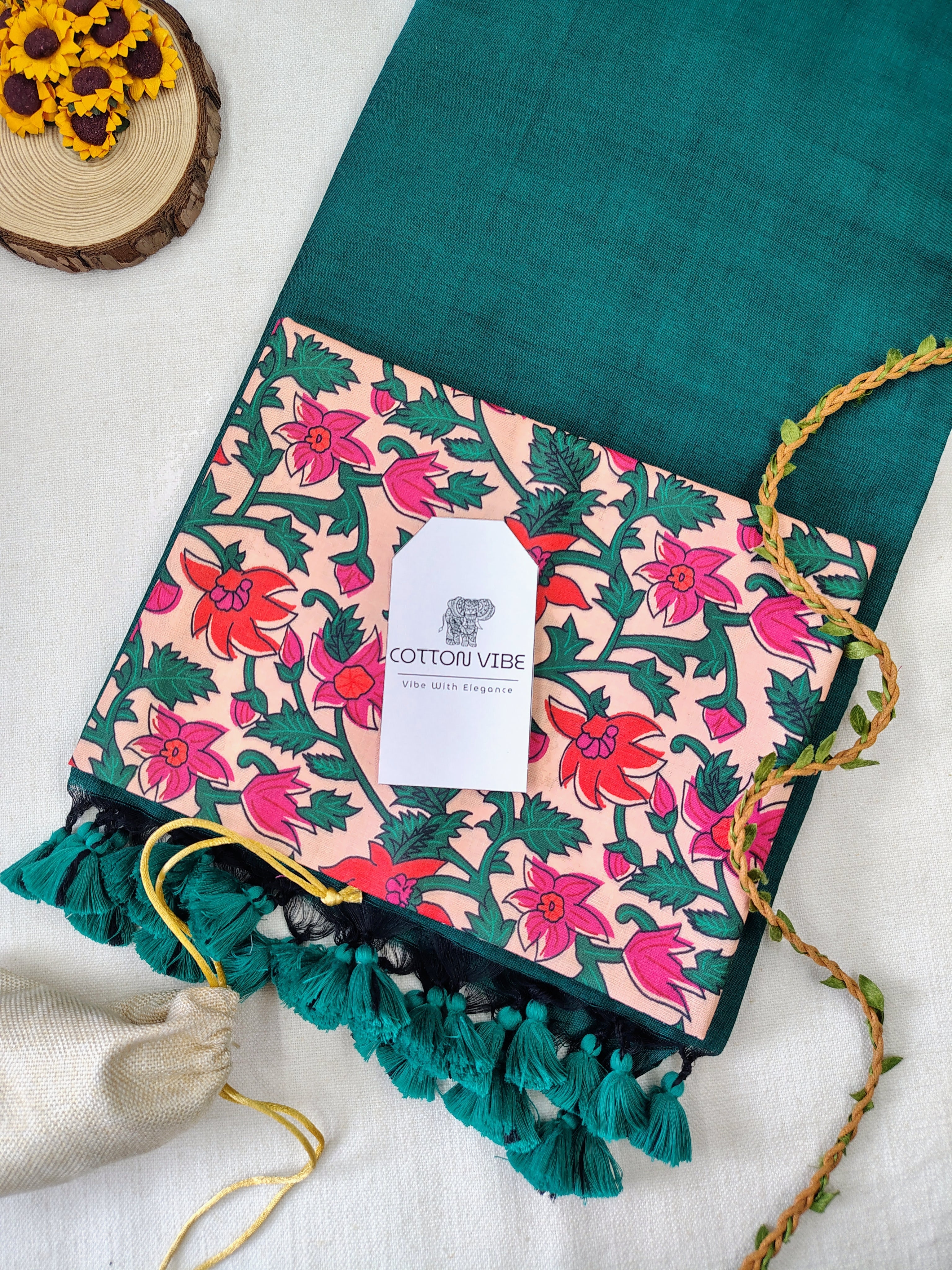 Green Cotton Khadi Saree With Designer Flower Based Printed Blouse
