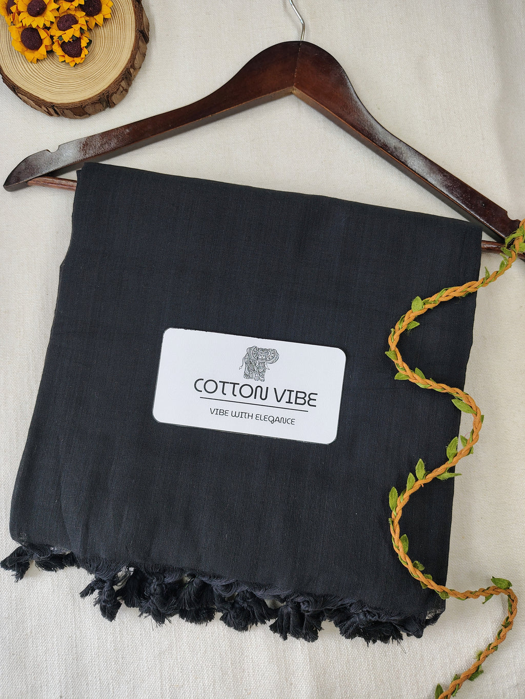 Black Cotton Khadi Saree With Designer Flower Based Printed Blouse