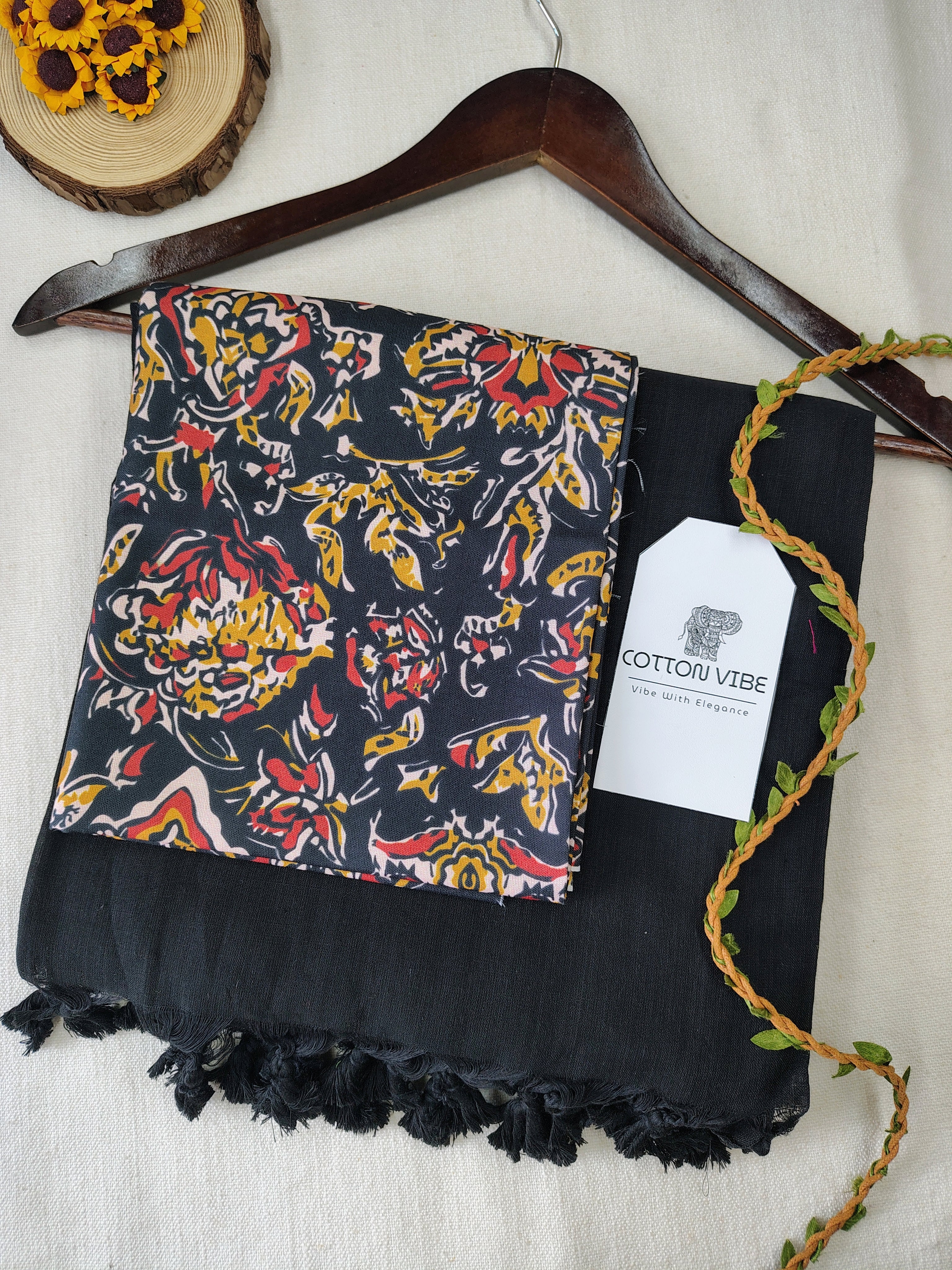 Black Cotton Khadi Saree With Designer Flower Based Printed Blouse