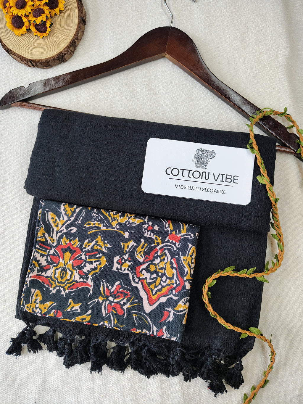 Black Cotton Khadi Saree With Designer Flower Based Printed Blouse