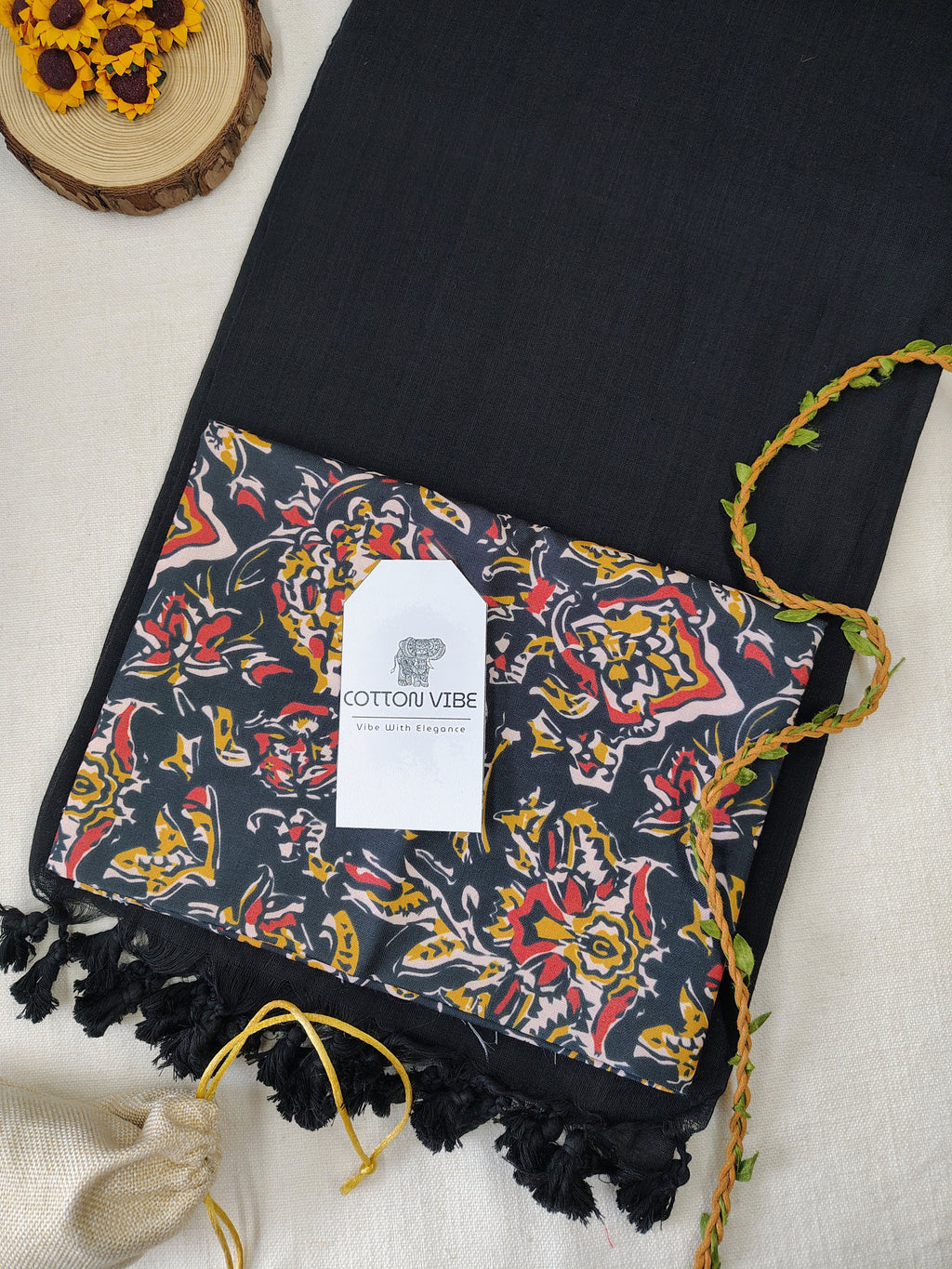 Black Cotton Khadi Saree With Designer Flower Based Printed Blouse