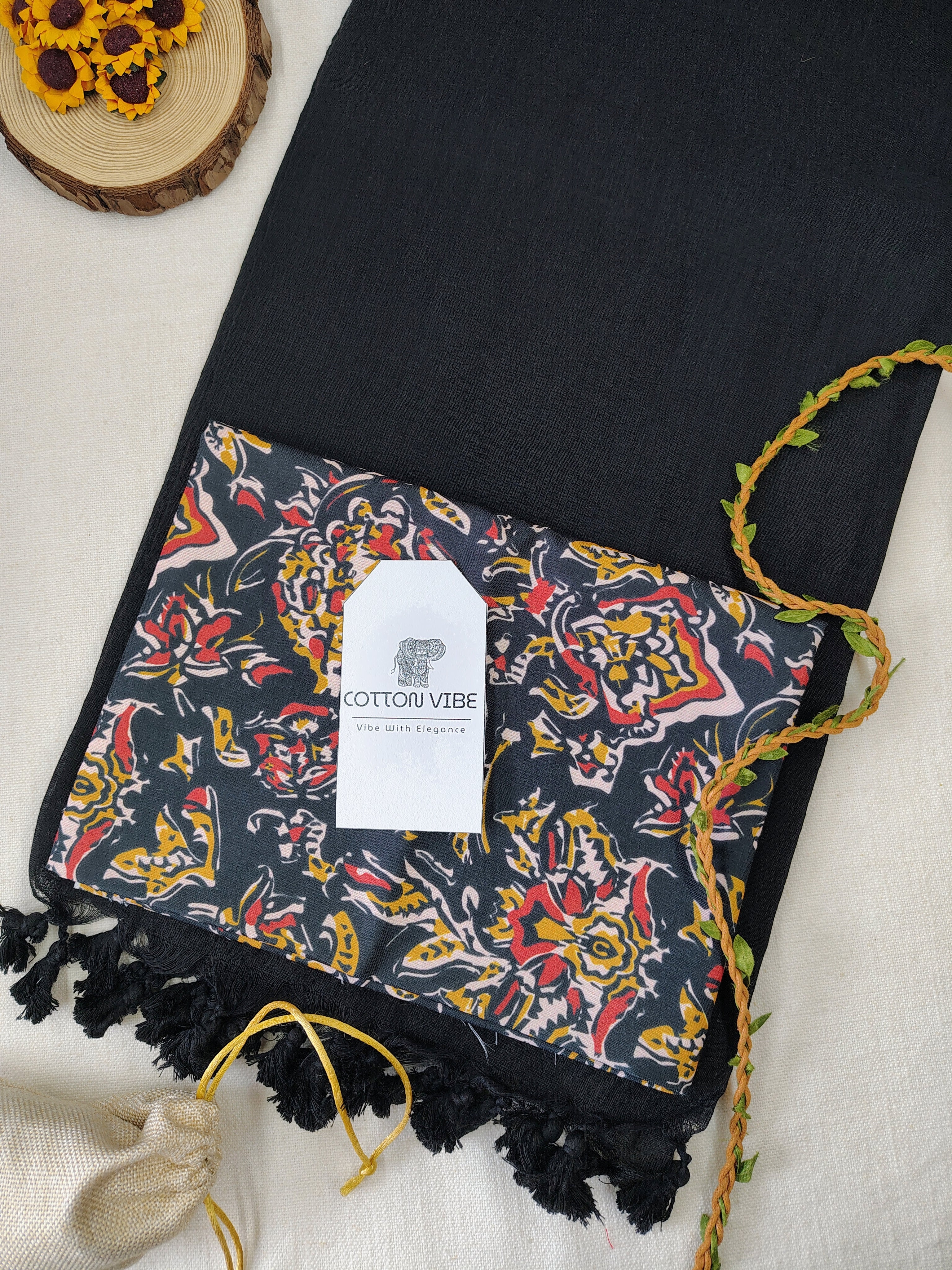 Black Cotton Khadi Saree With Designer Flower Based Printed Blouse