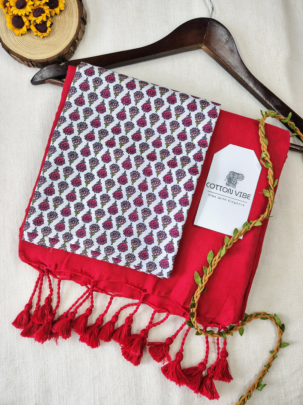 Red Cotton Khadi Saree With Designer Flower Based Printed Blouse