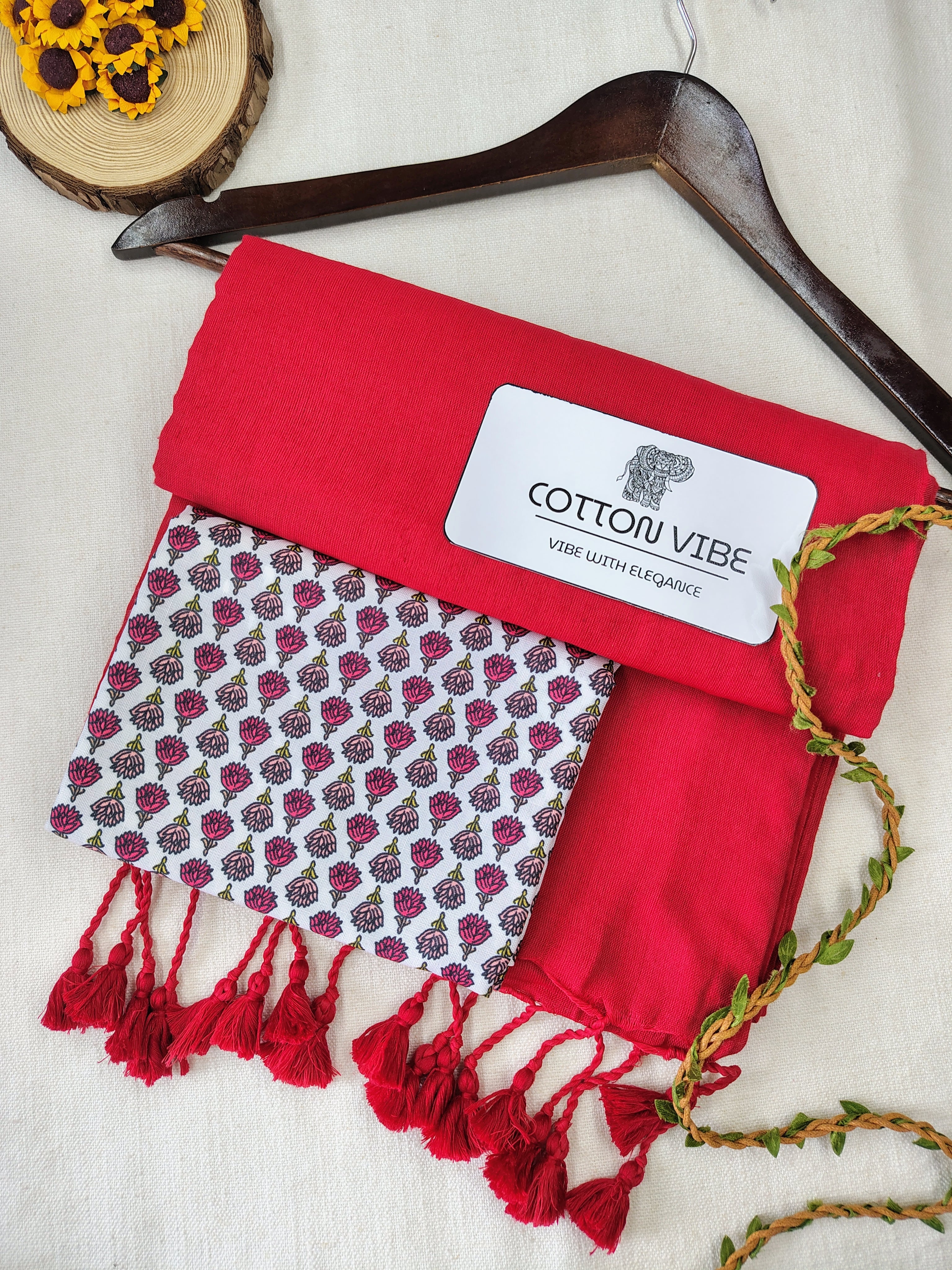 Red Cotton Khadi Saree With Designer Flower Based Printed Blouse