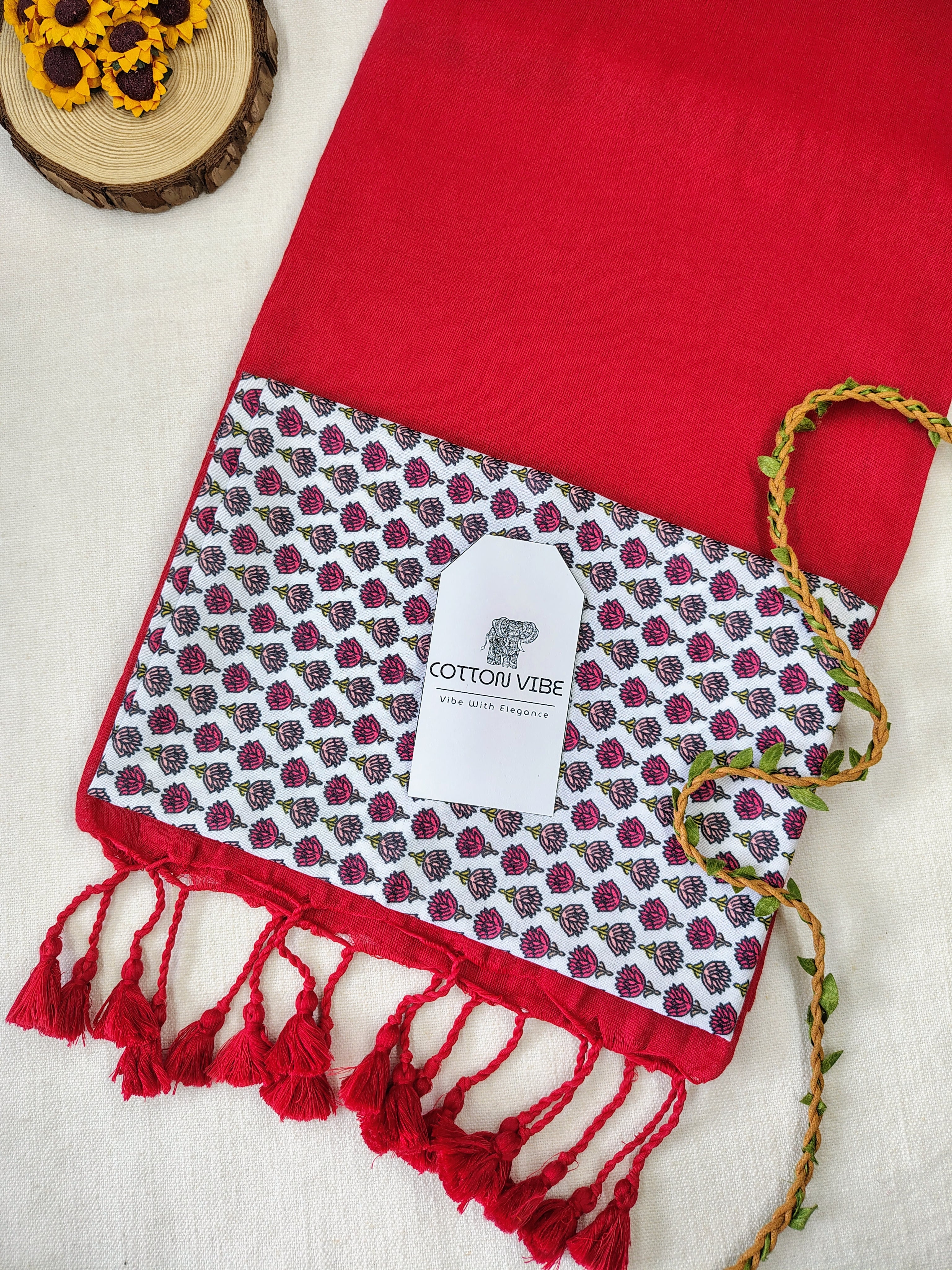 Red Cotton Khadi Saree With Designer Flower Based Printed Blouse