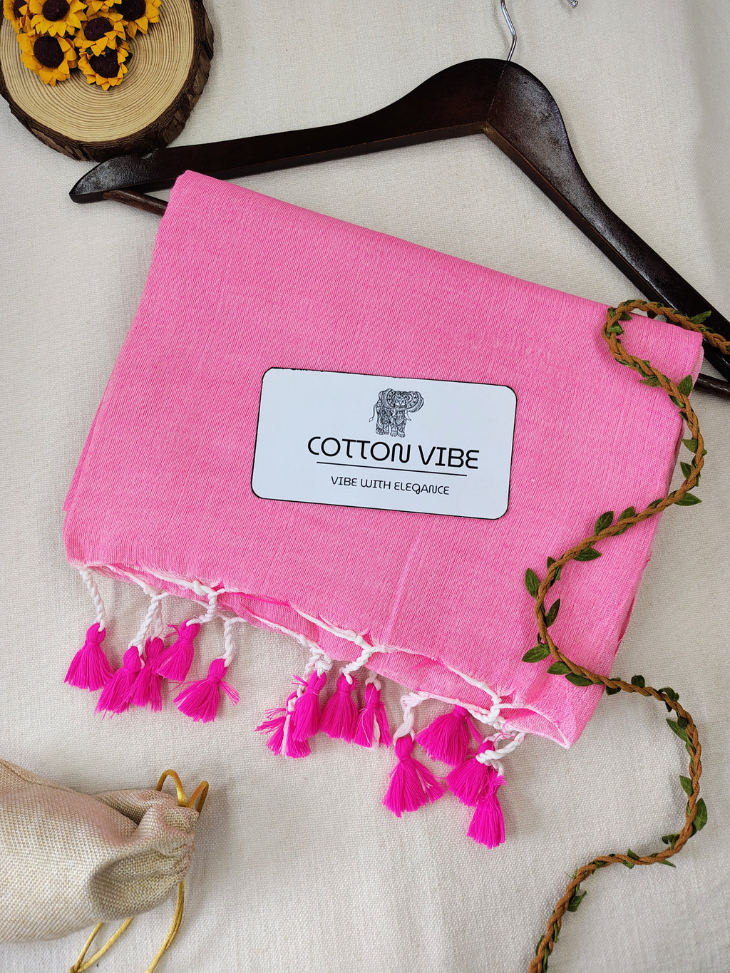 Baby Pink Cotton Khadi Saree With Designer Flower Based Printed Blouse