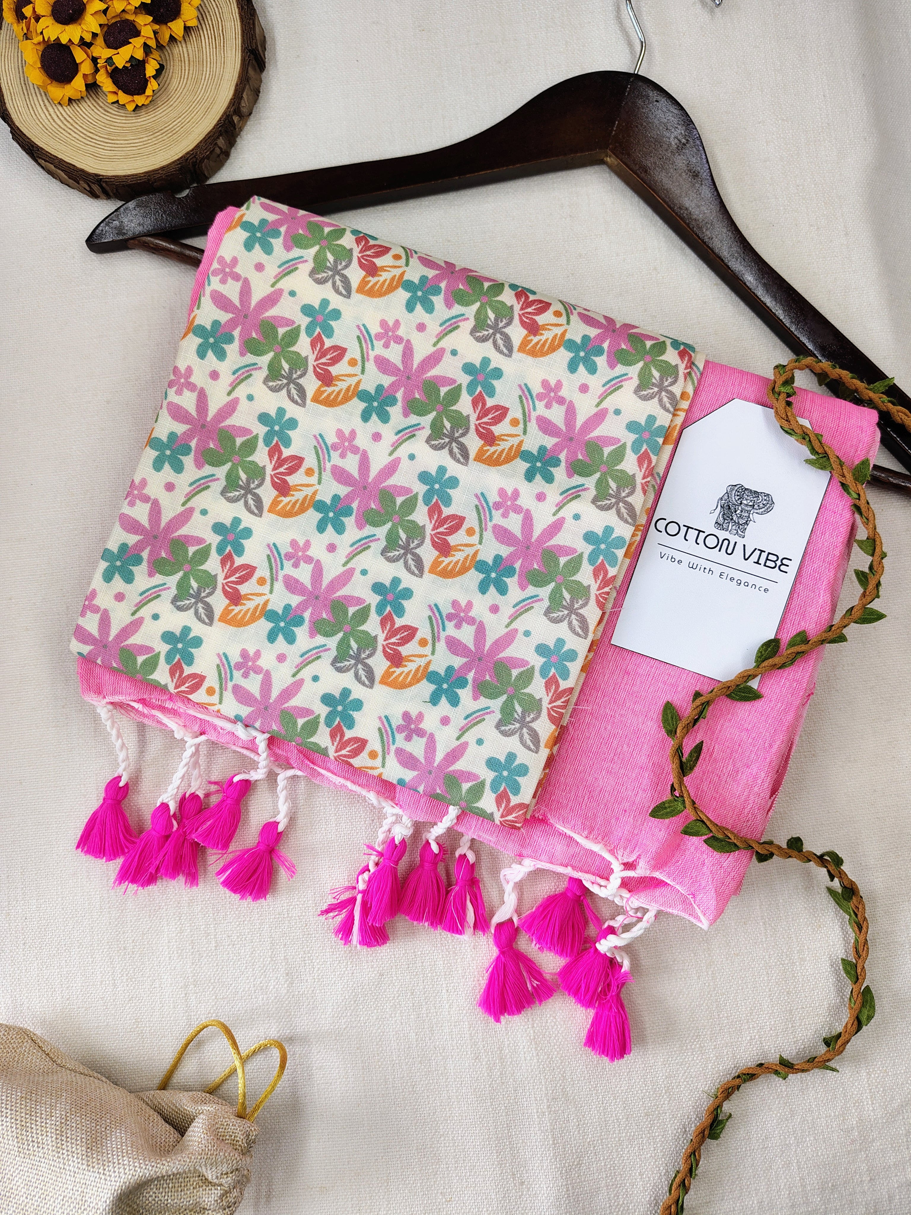 Baby Pink Cotton Khadi Saree With Designer Flower Based Printed Blouse