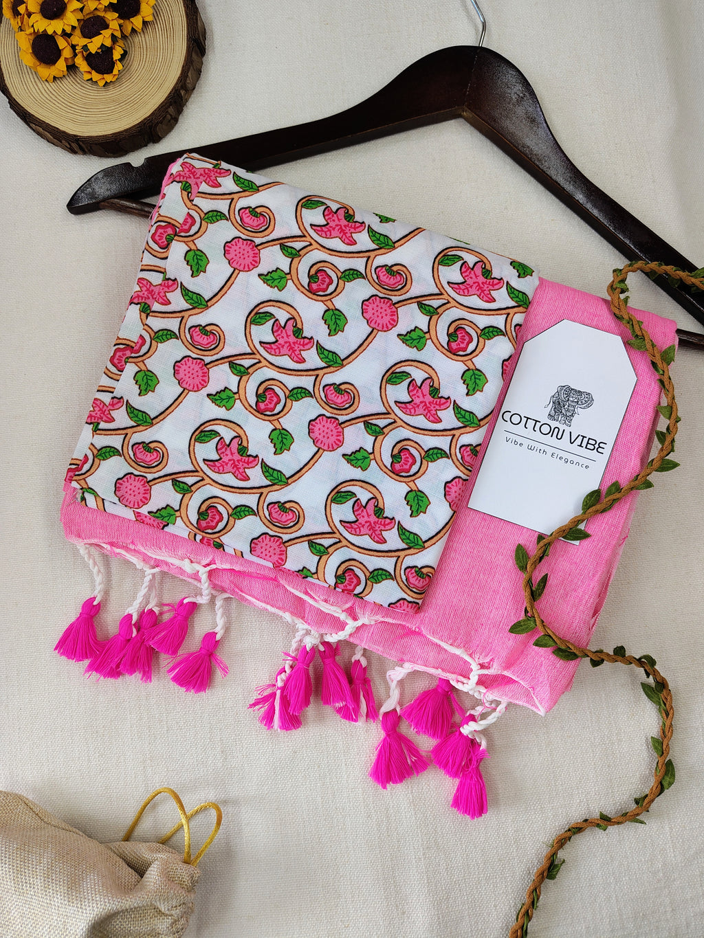 Baby Pink Cotton Khadi Saree With Designer Flower Based Printed Blouse