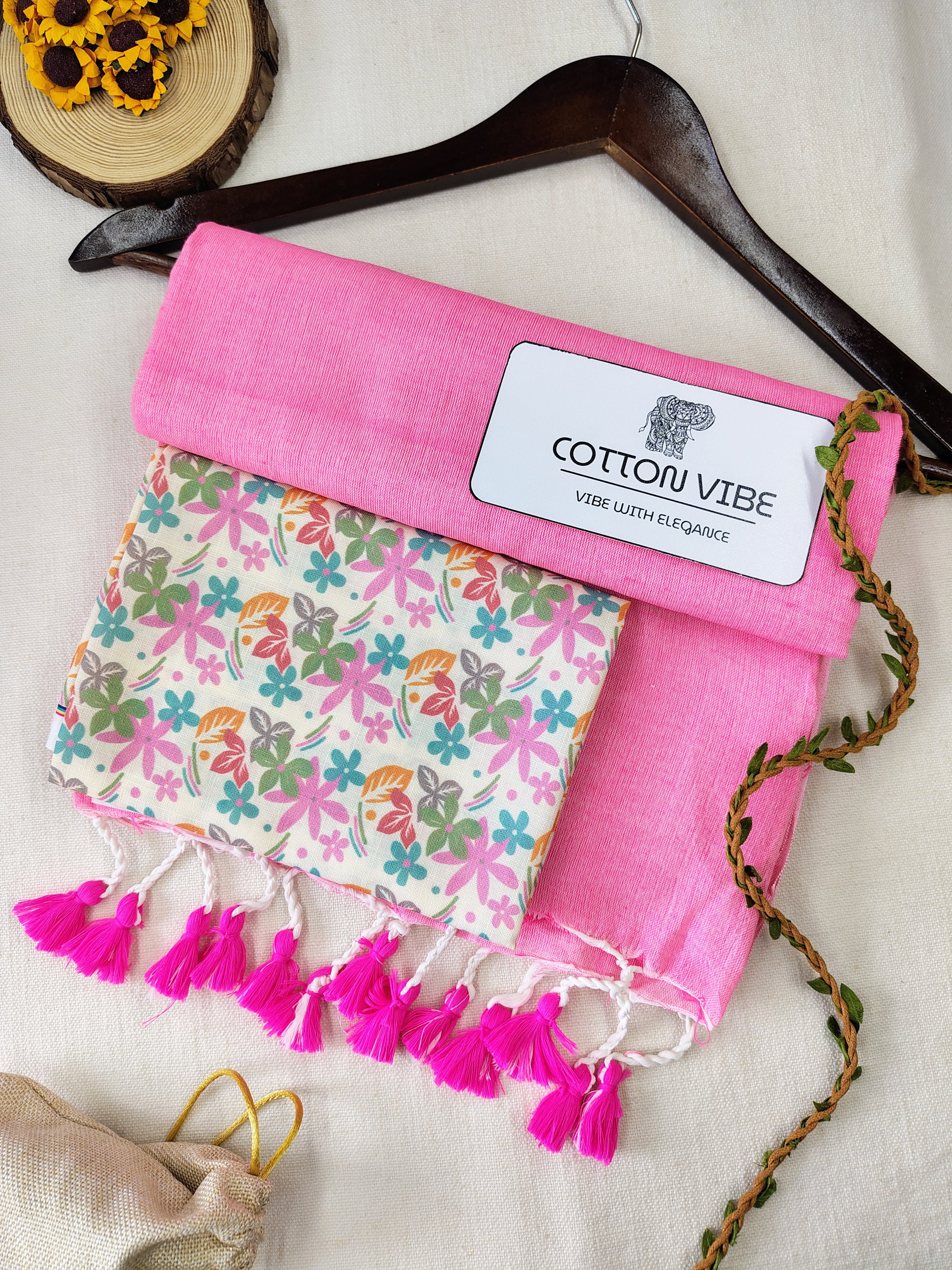 Baby Pink Cotton Khadi Saree With Designer Flower Based Printed Blouse