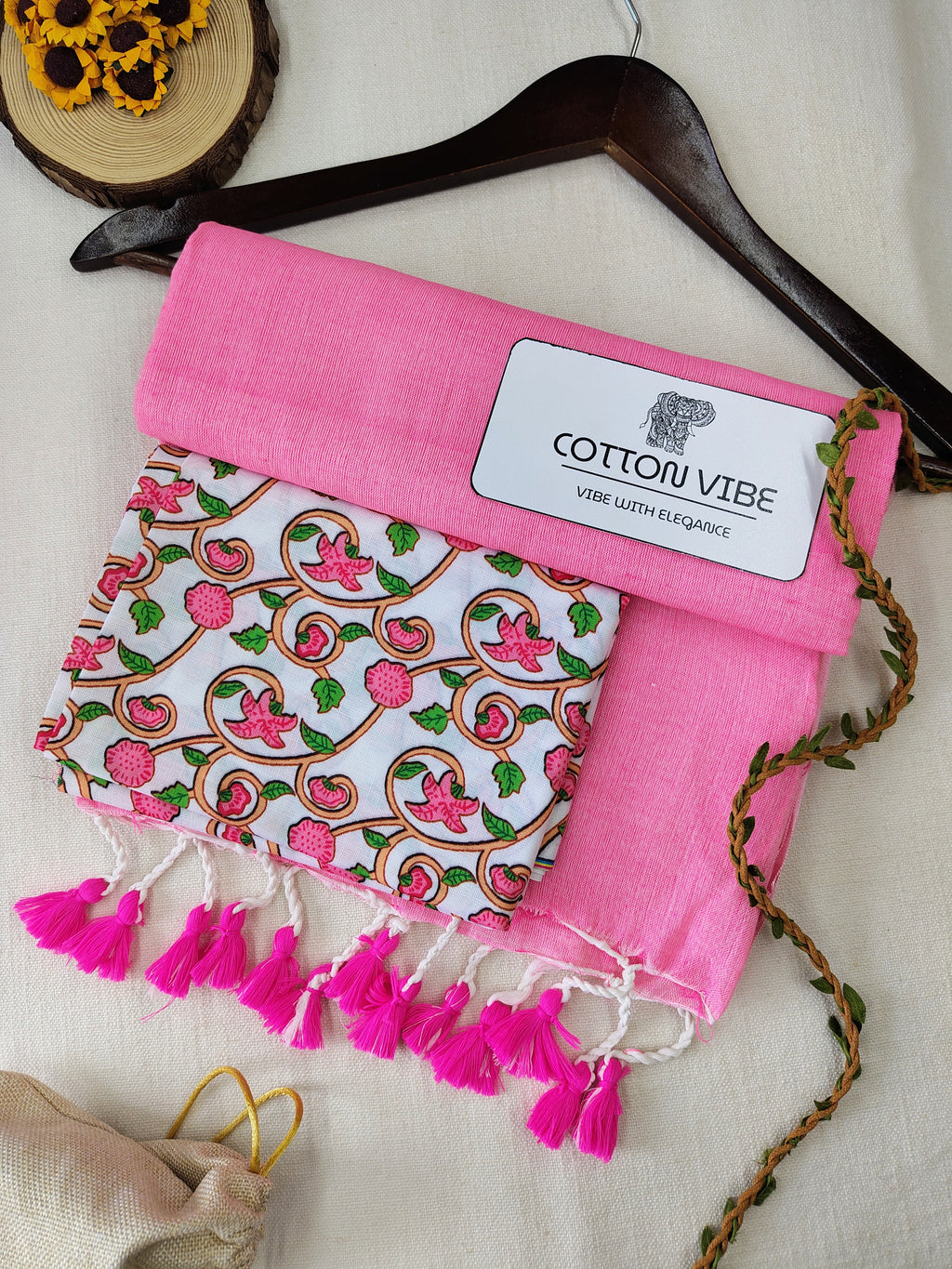 Baby Pink Cotton Khadi Saree With Designer Flower Based Printed Blouse