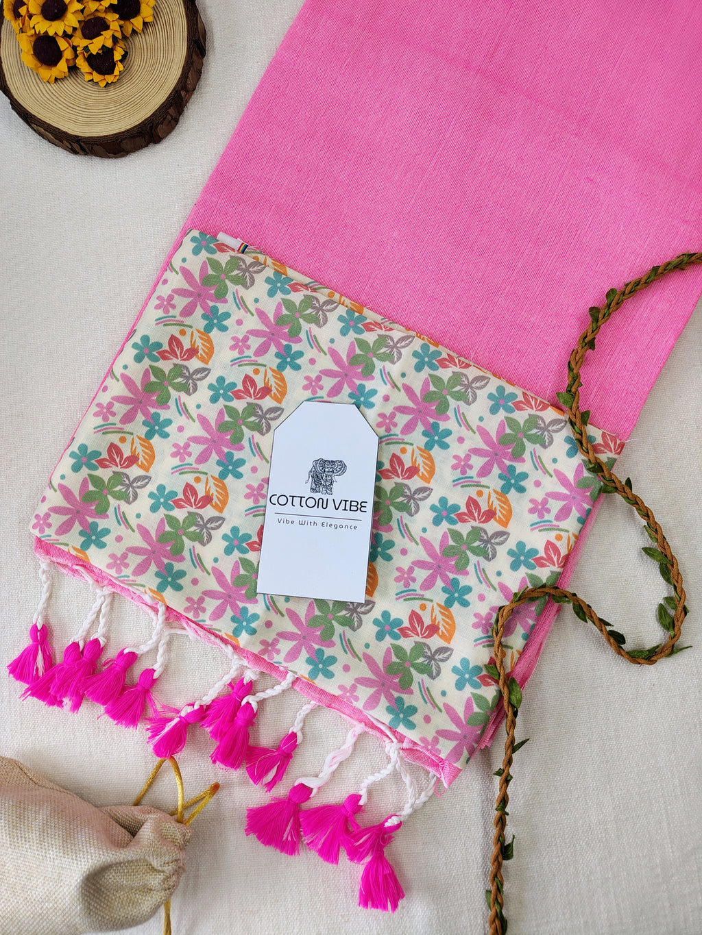 Baby Pink Cotton Khadi Saree With Designer Flower Based Printed Blouse