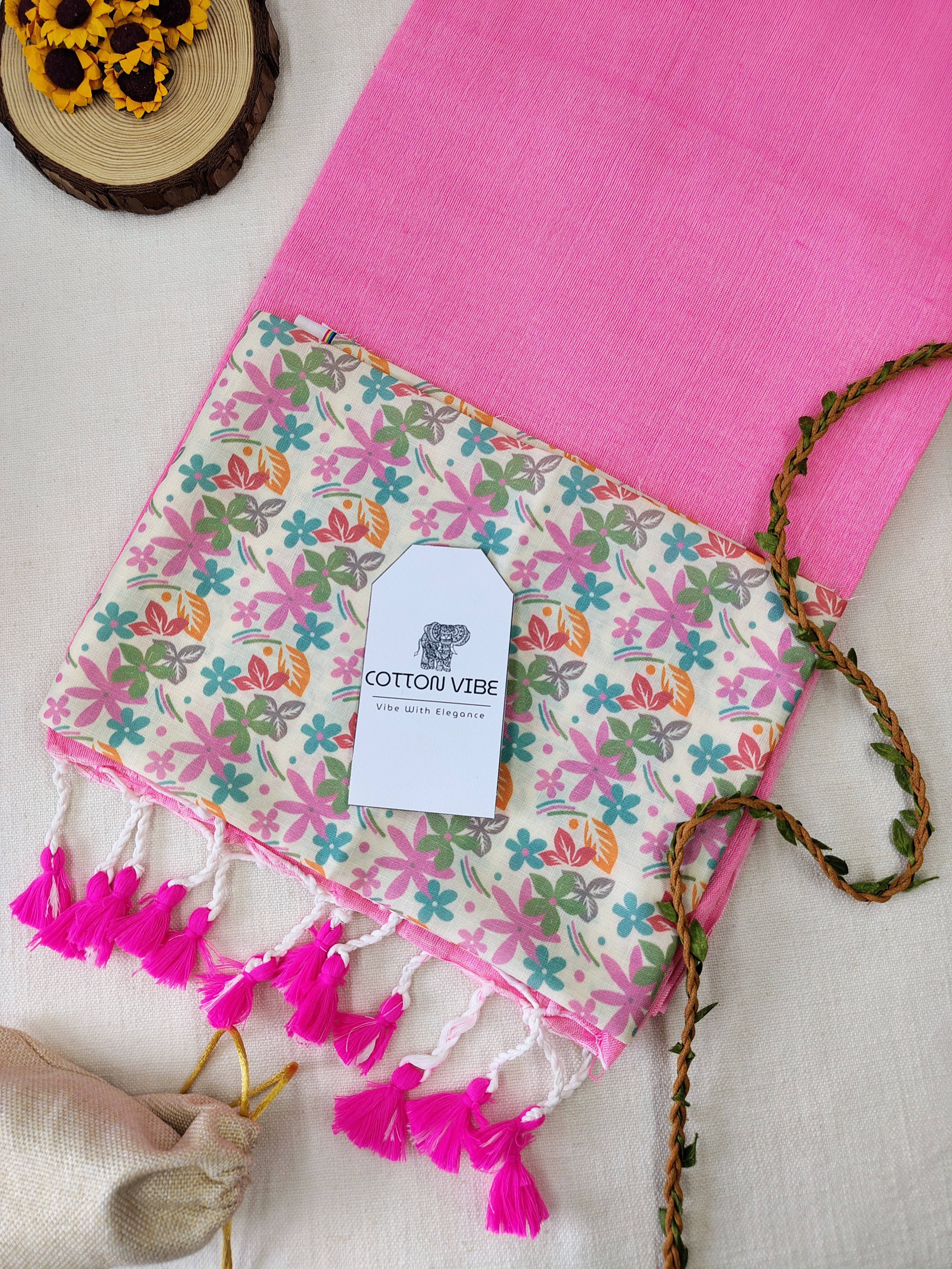 Baby Pink Cotton Khadi Saree With Designer Flower Based Printed Blouse