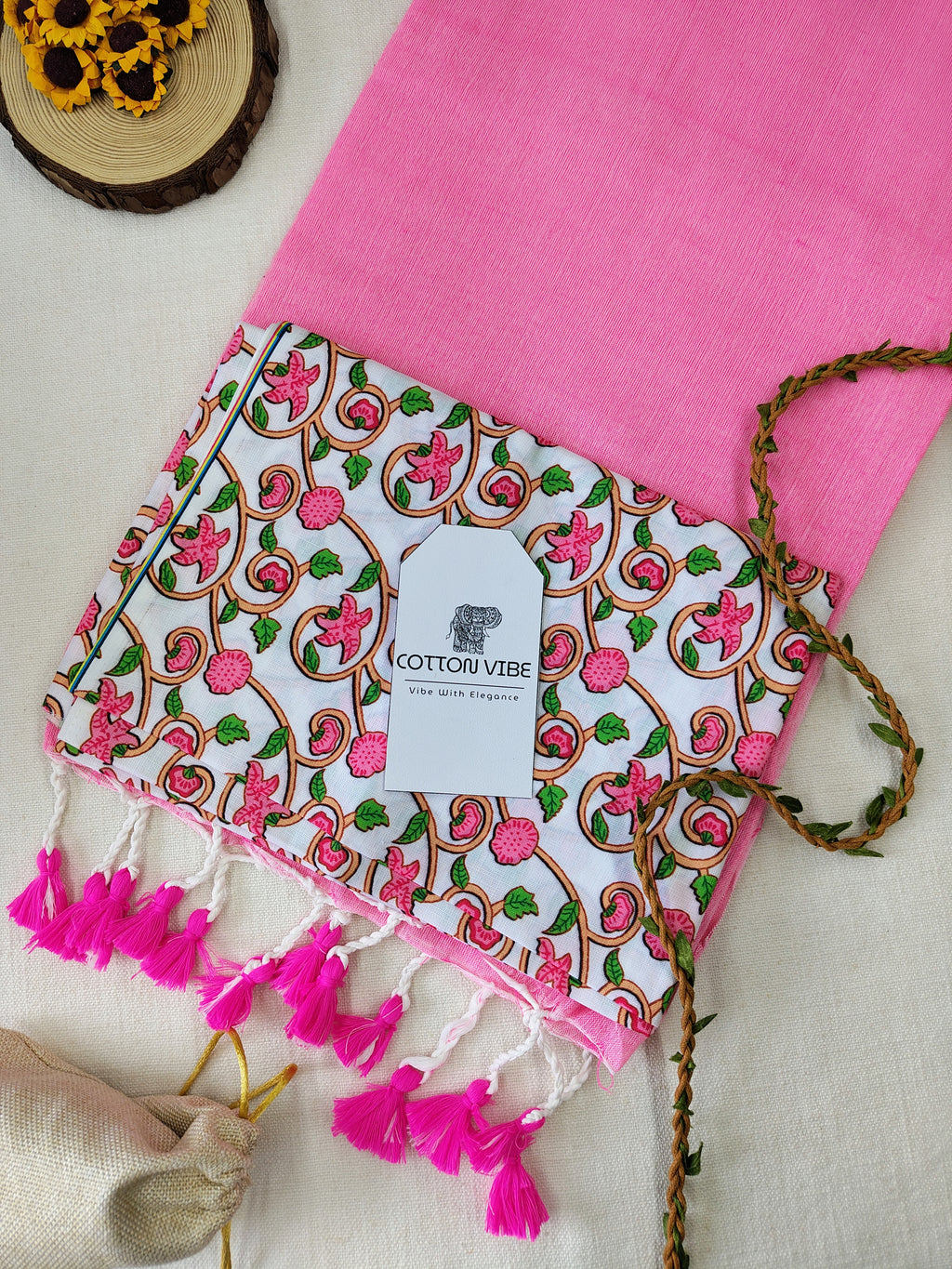 Baby Pink Cotton Khadi Saree With Designer Flower Based Printed Blouse
