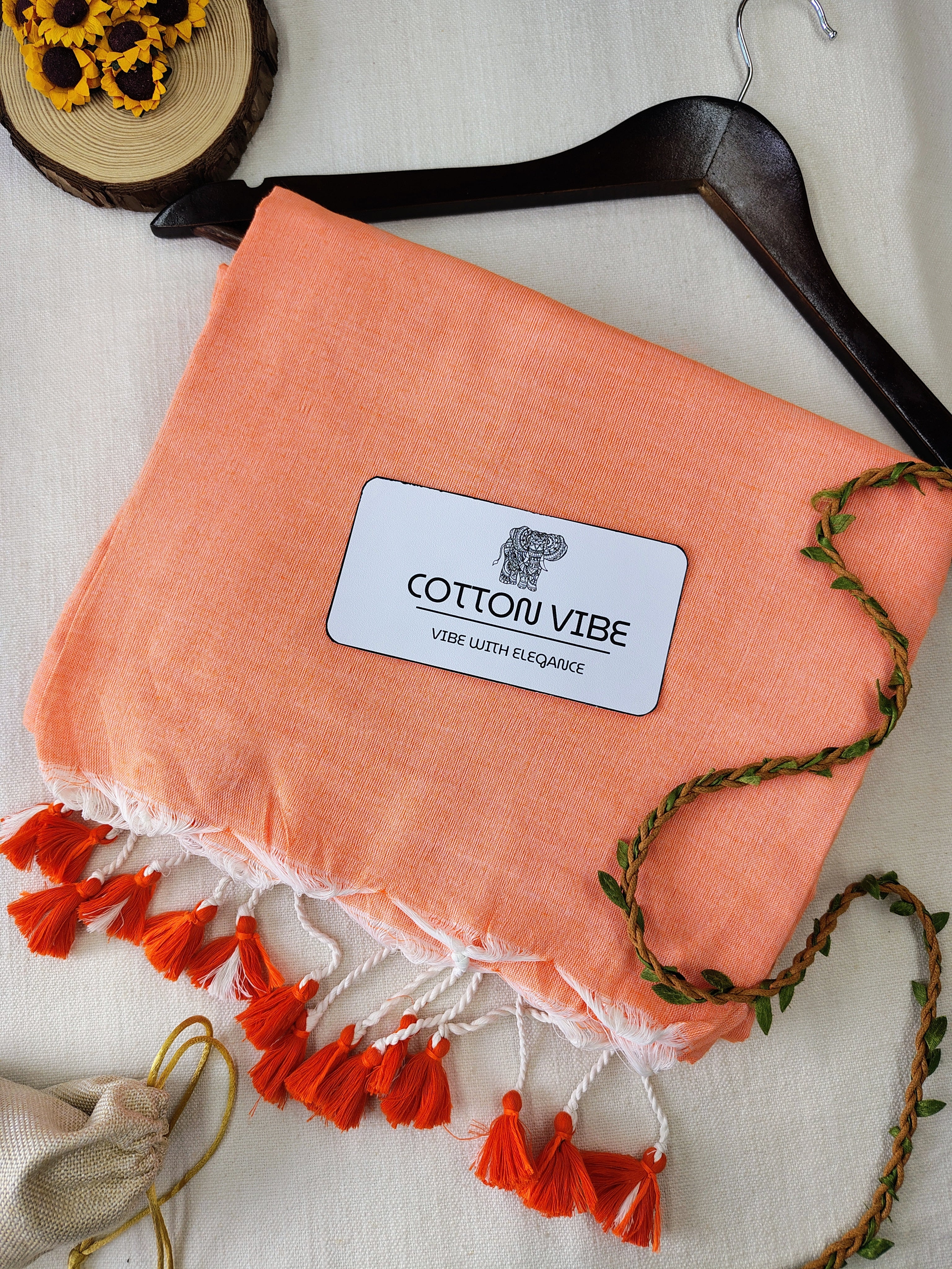 Orange Cotton Khadi Saree With Designer Flower Based Printed Blouse