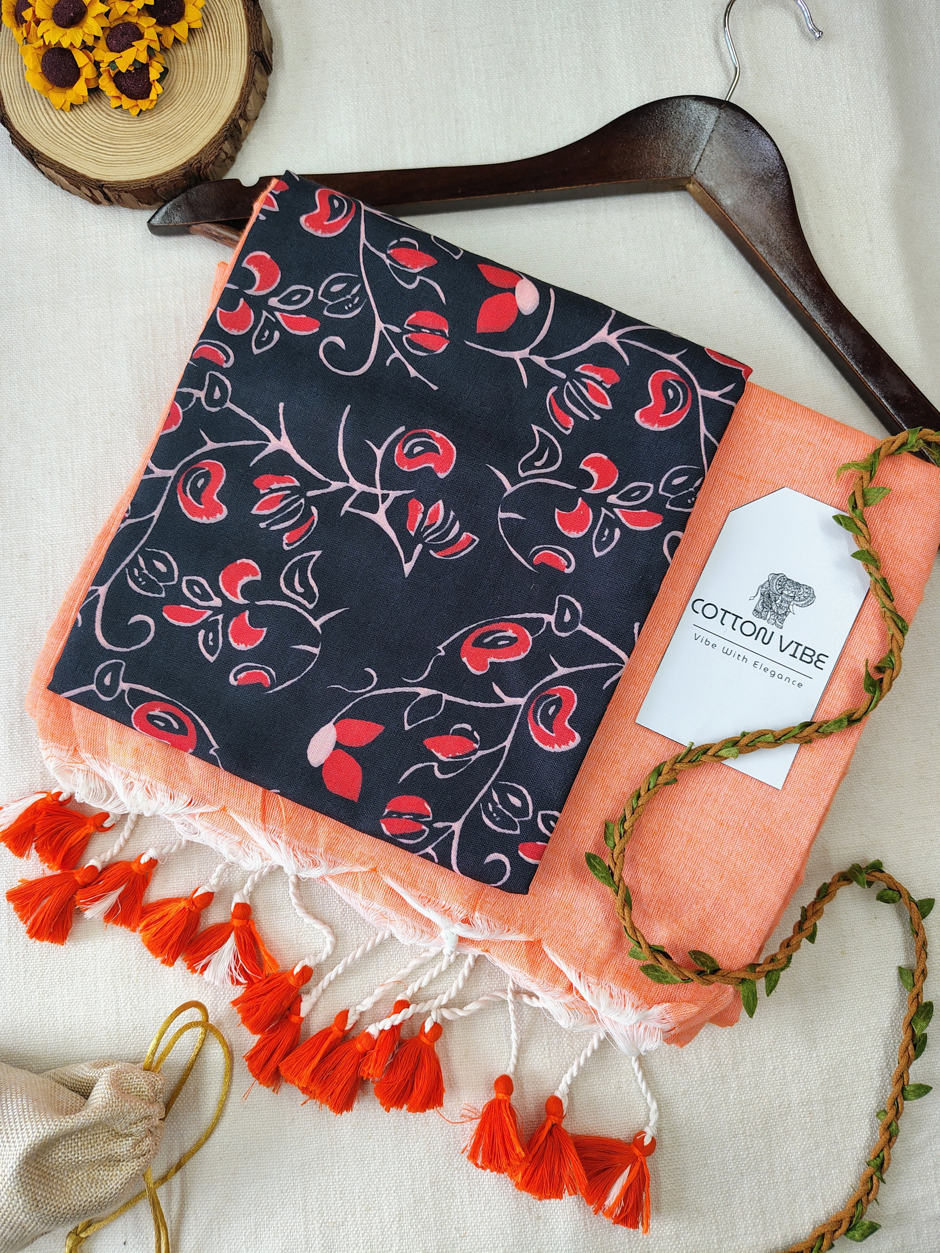 Orange Cotton Khadi Saree With Designer Flower Based Printed Blouse