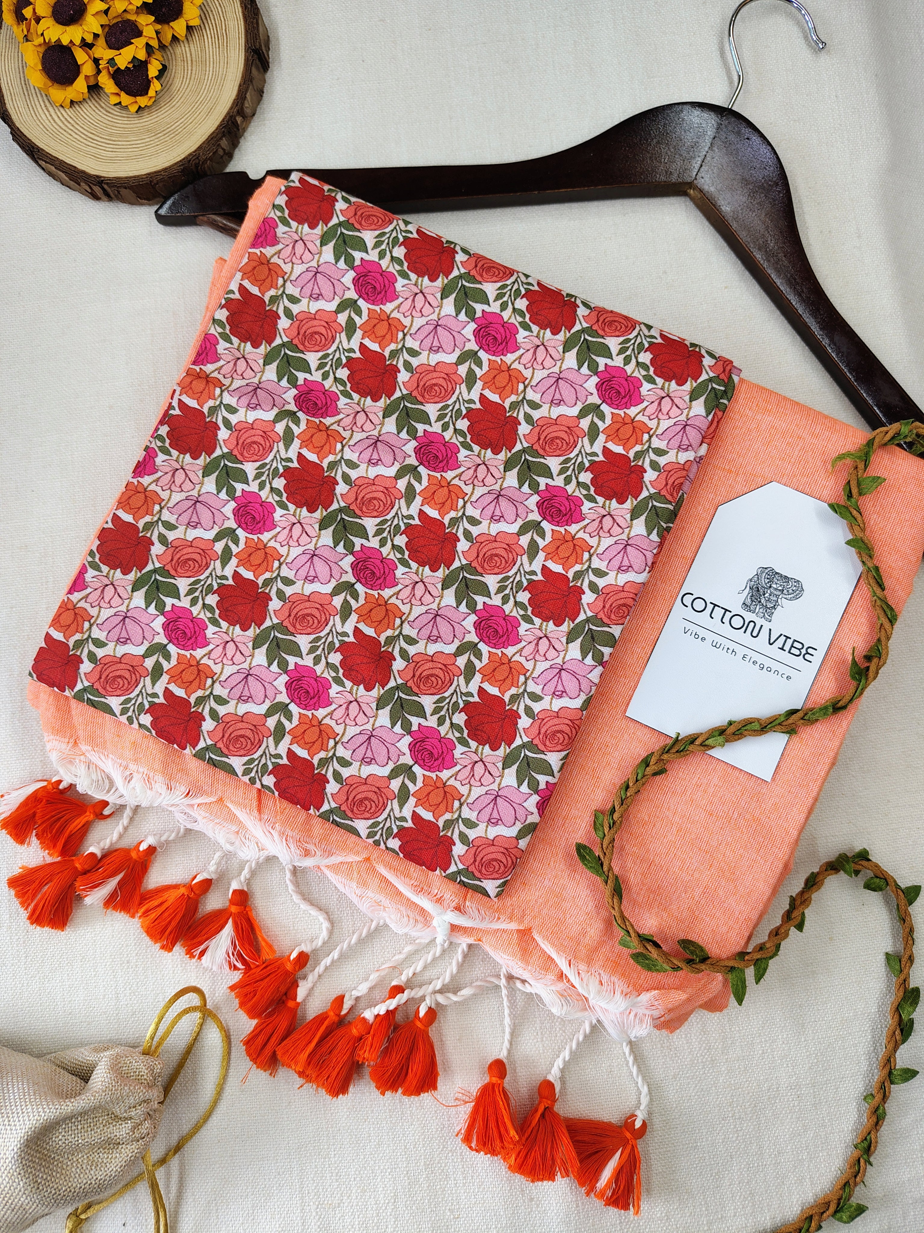 Orange Cotton Khadi Saree With Designer Flower Based Printed Blouse