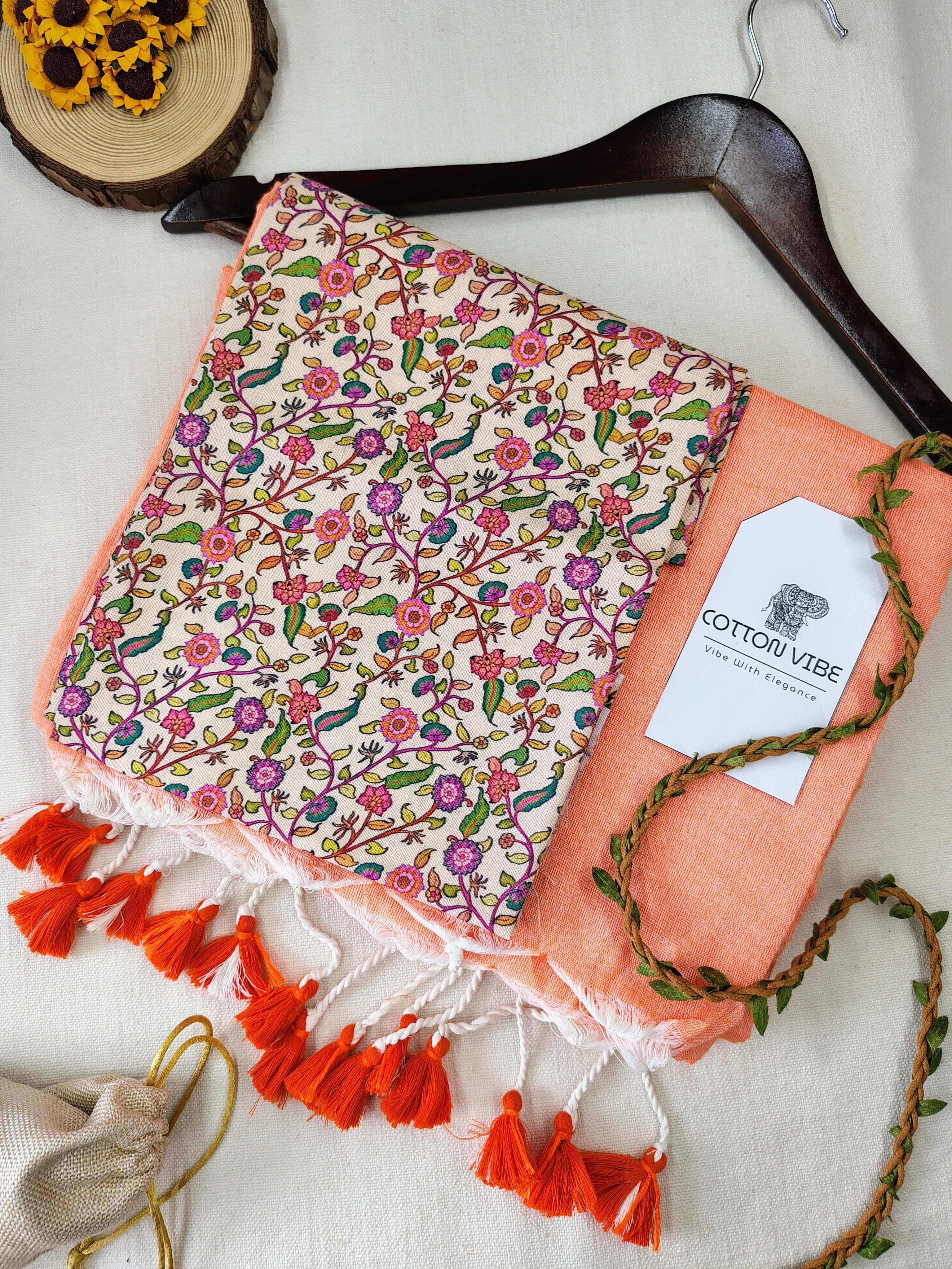 Orange Cotton Khadi Saree With Designer Flower Based Printed Blouse