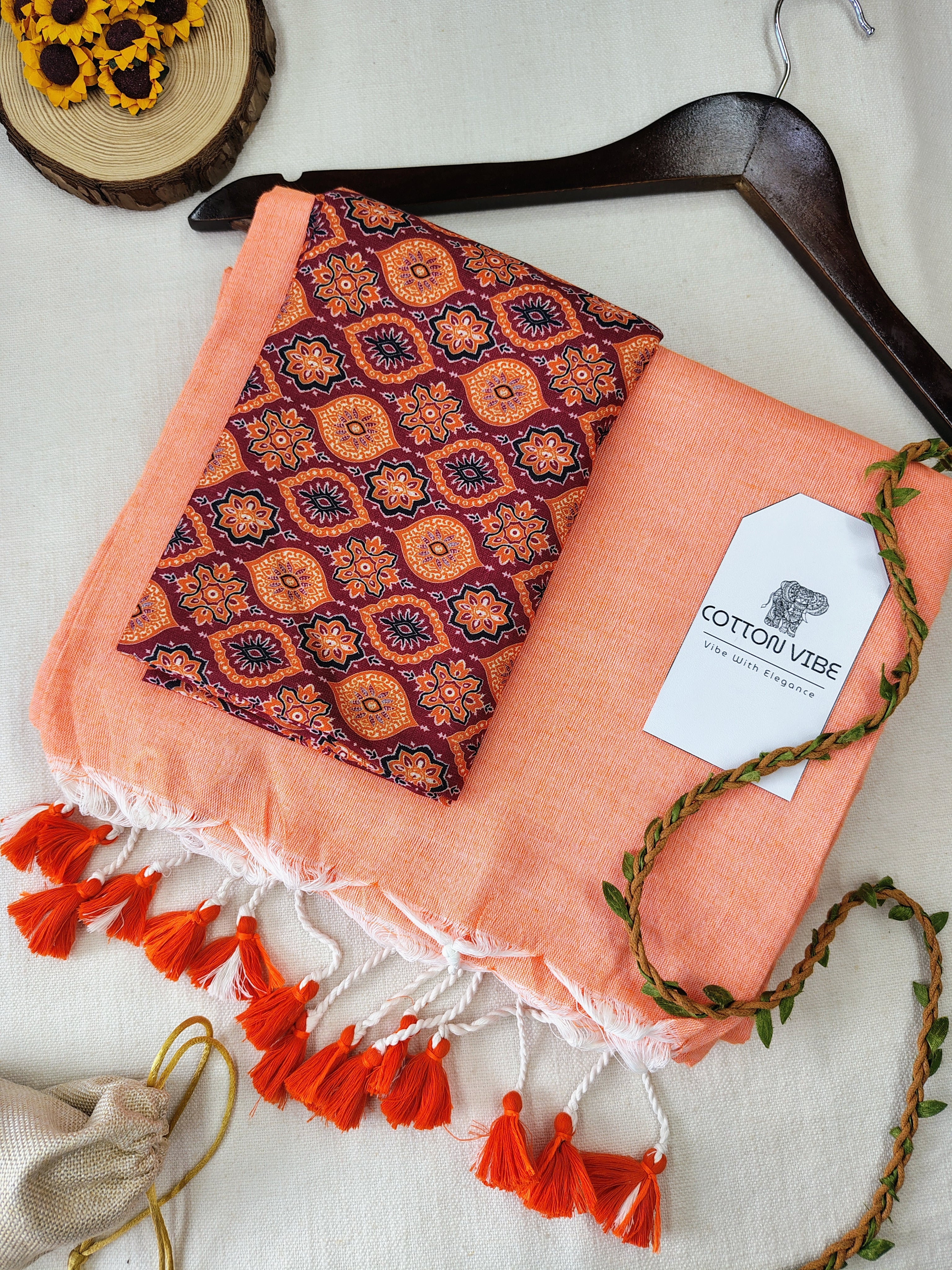 Orange Cotton Khadi Saree With Designer Flower Based Printed Blouse