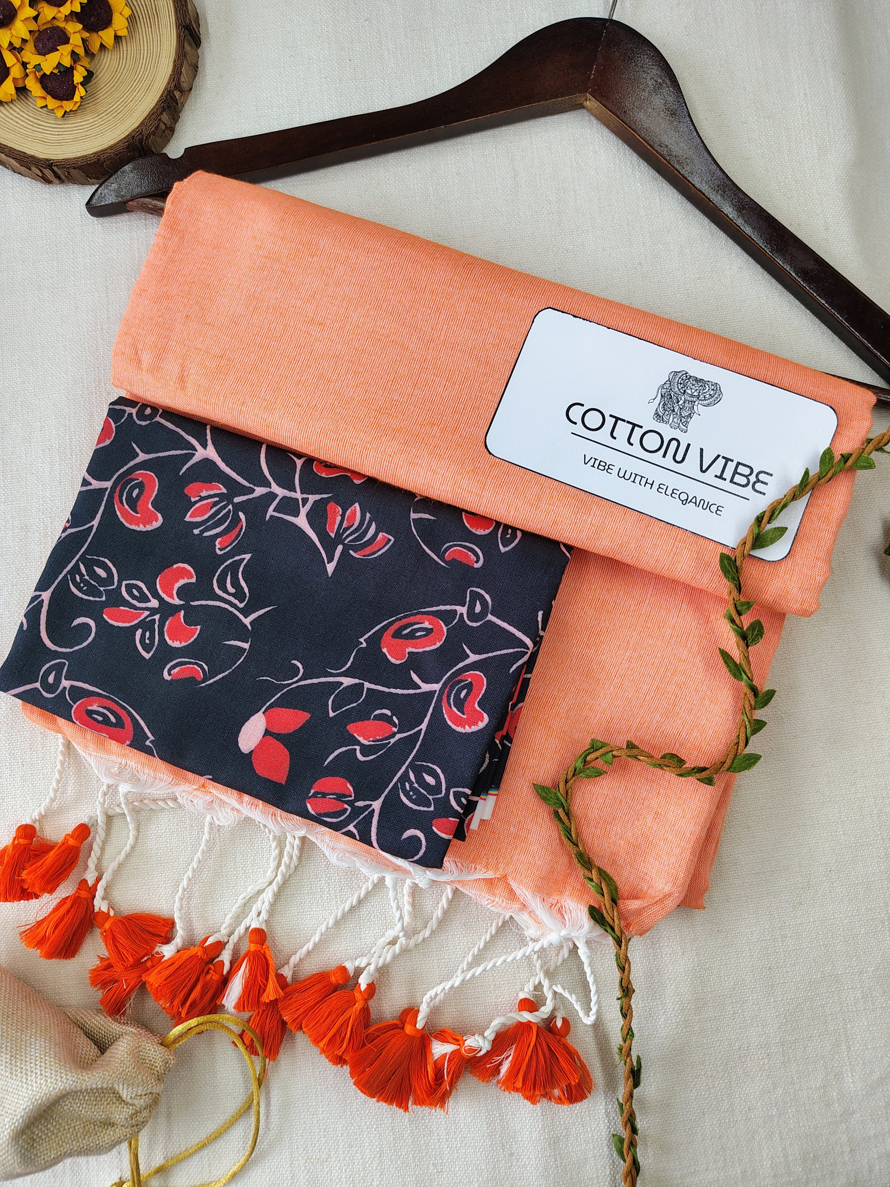 Orange Cotton Khadi Saree With Designer Flower Based Printed Blouse