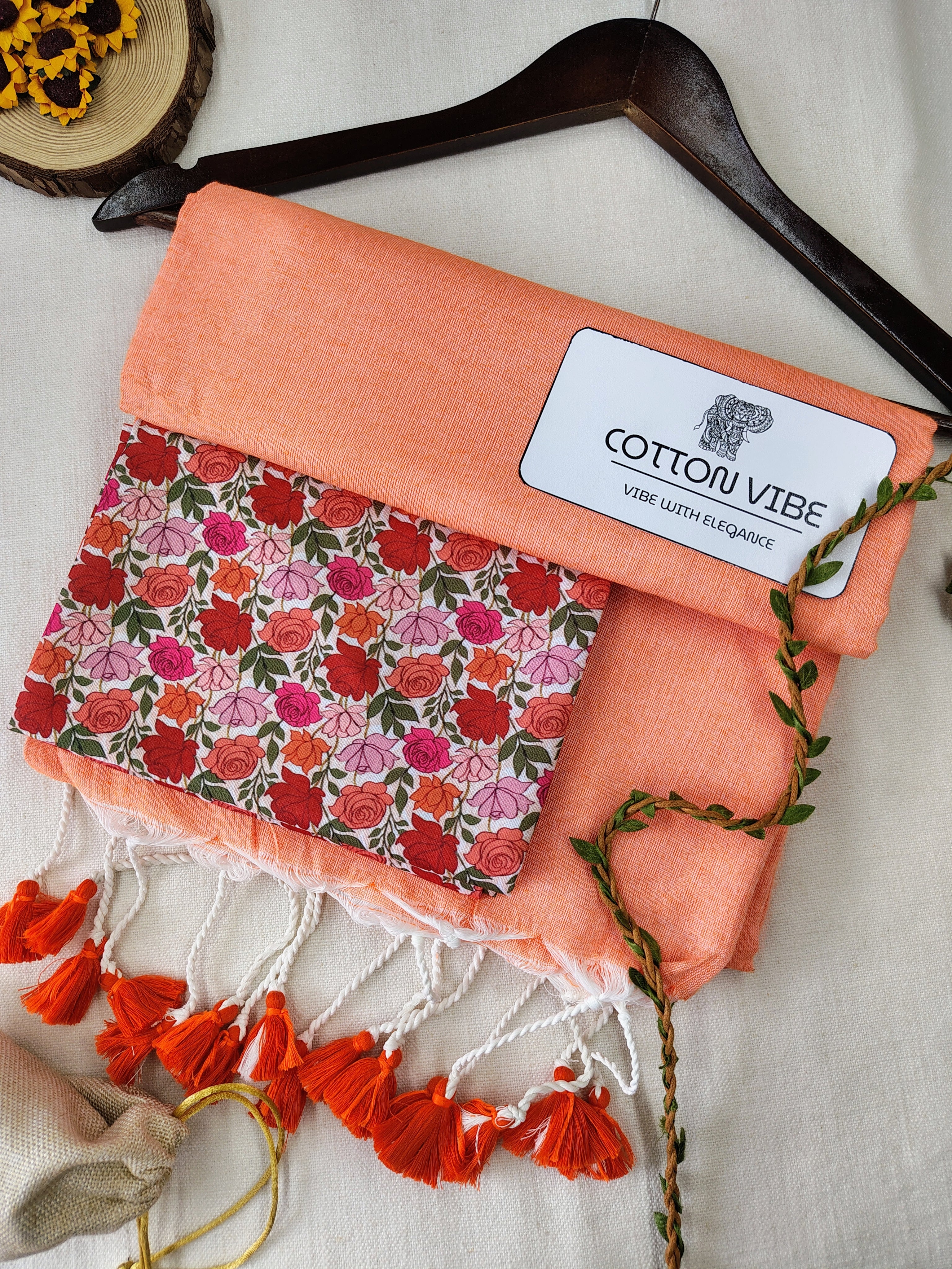 Orange Cotton Khadi Saree With Designer Flower Based Printed Blouse