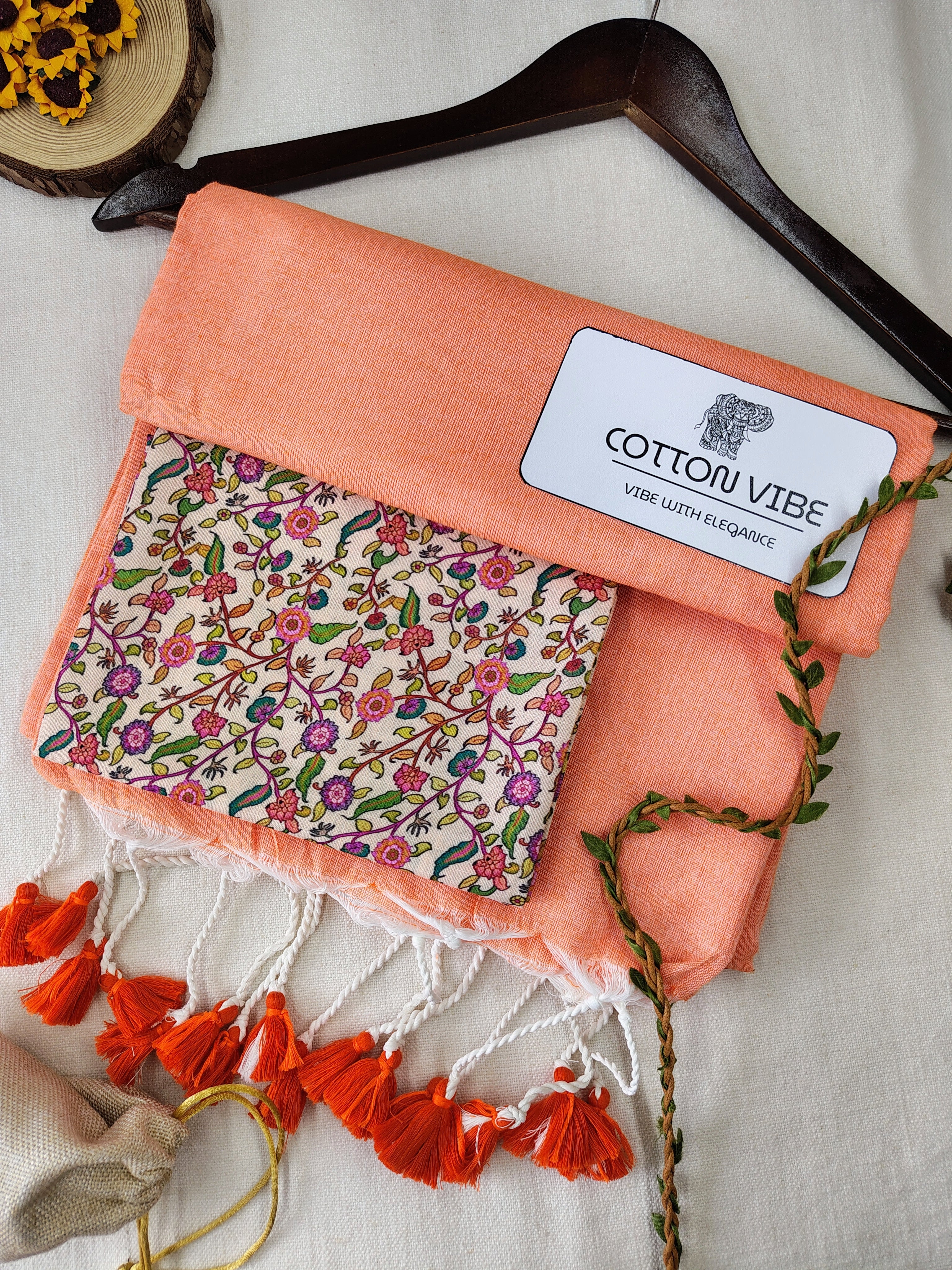 Orange Cotton Khadi Saree With Designer Flower Based Printed Blouse