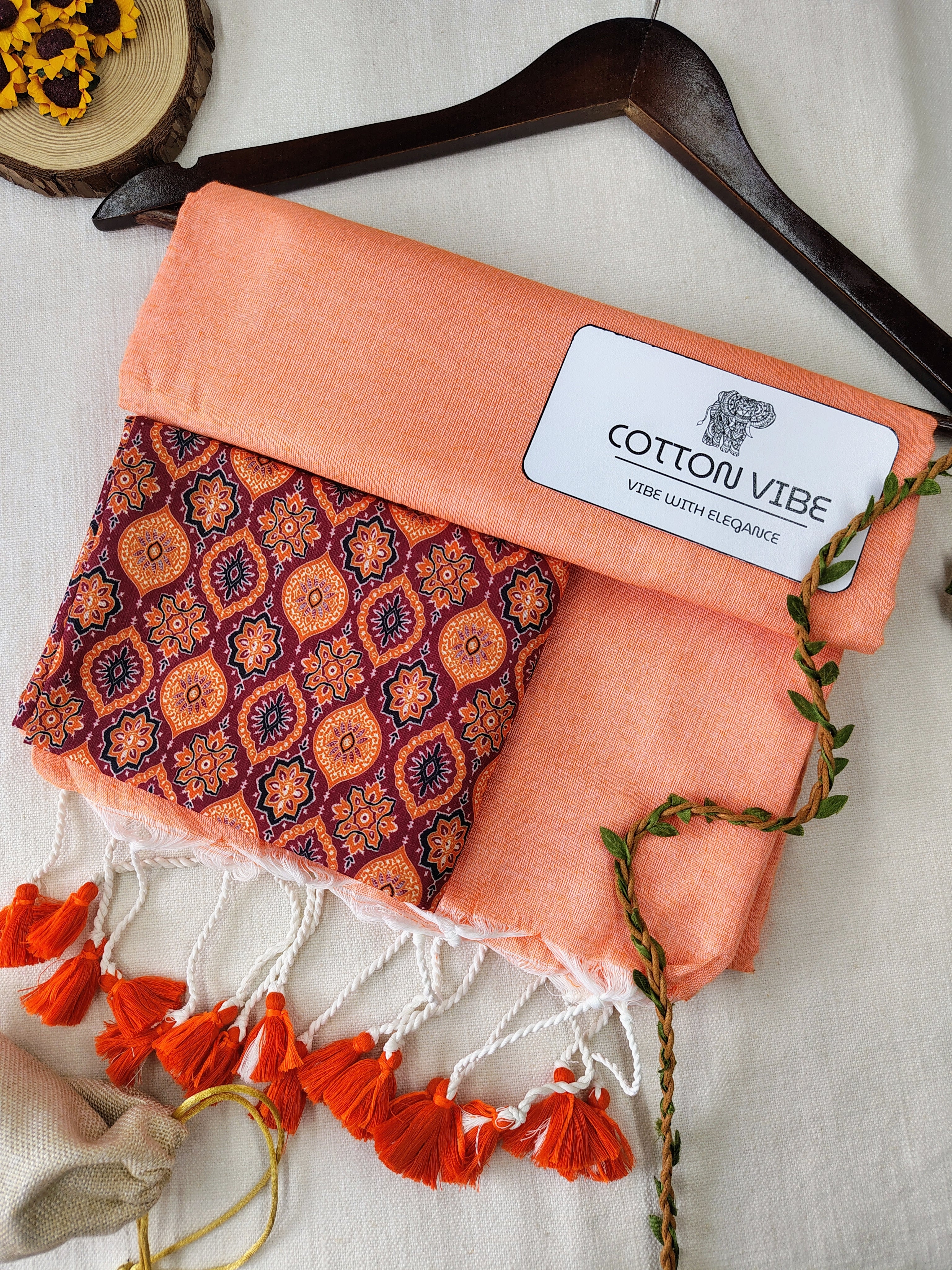 Orange Cotton Khadi Saree With Designer Flower Based Printed Blouse