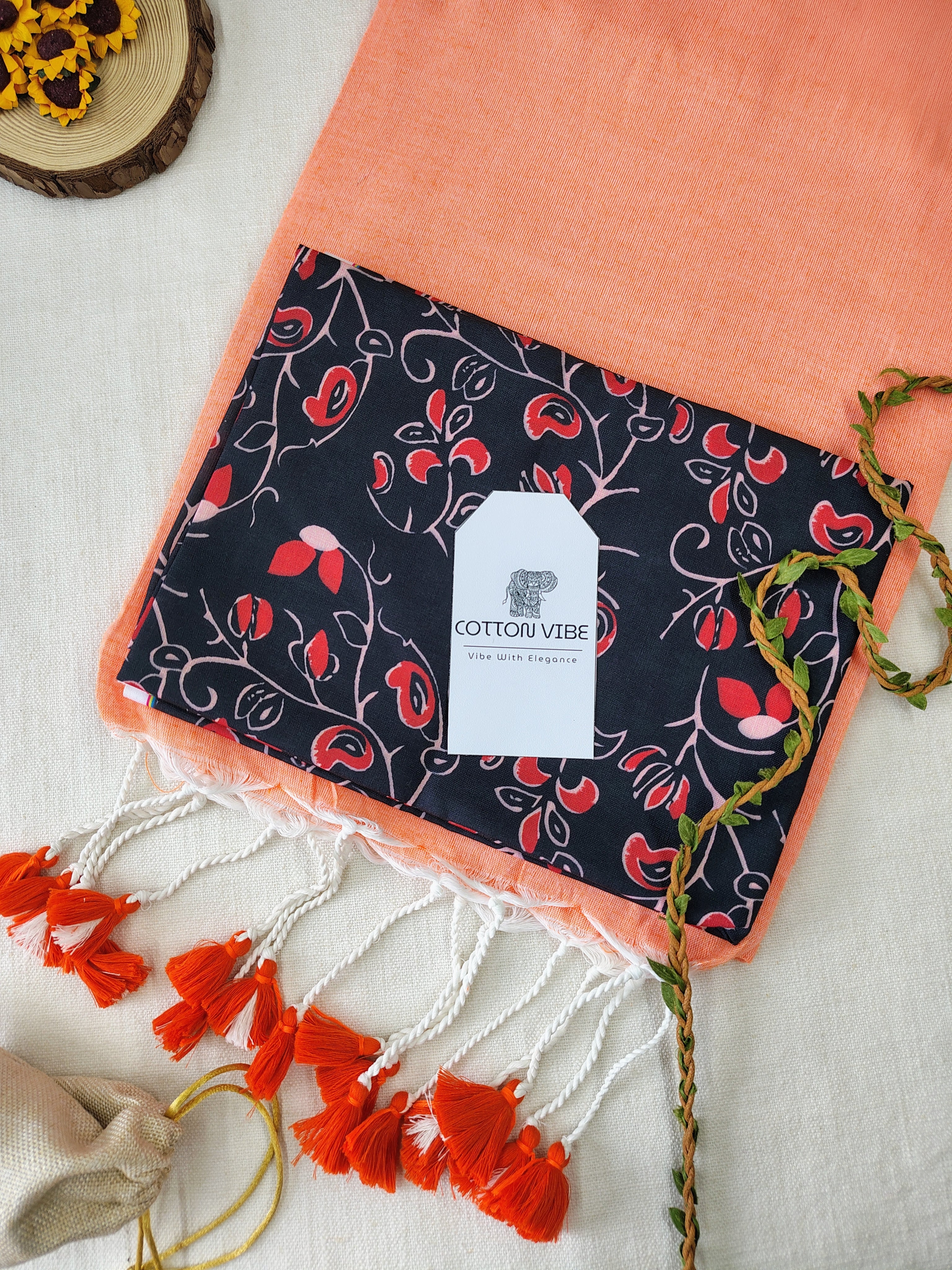 Orange Cotton Khadi Saree With Designer Flower Based Printed Blouse