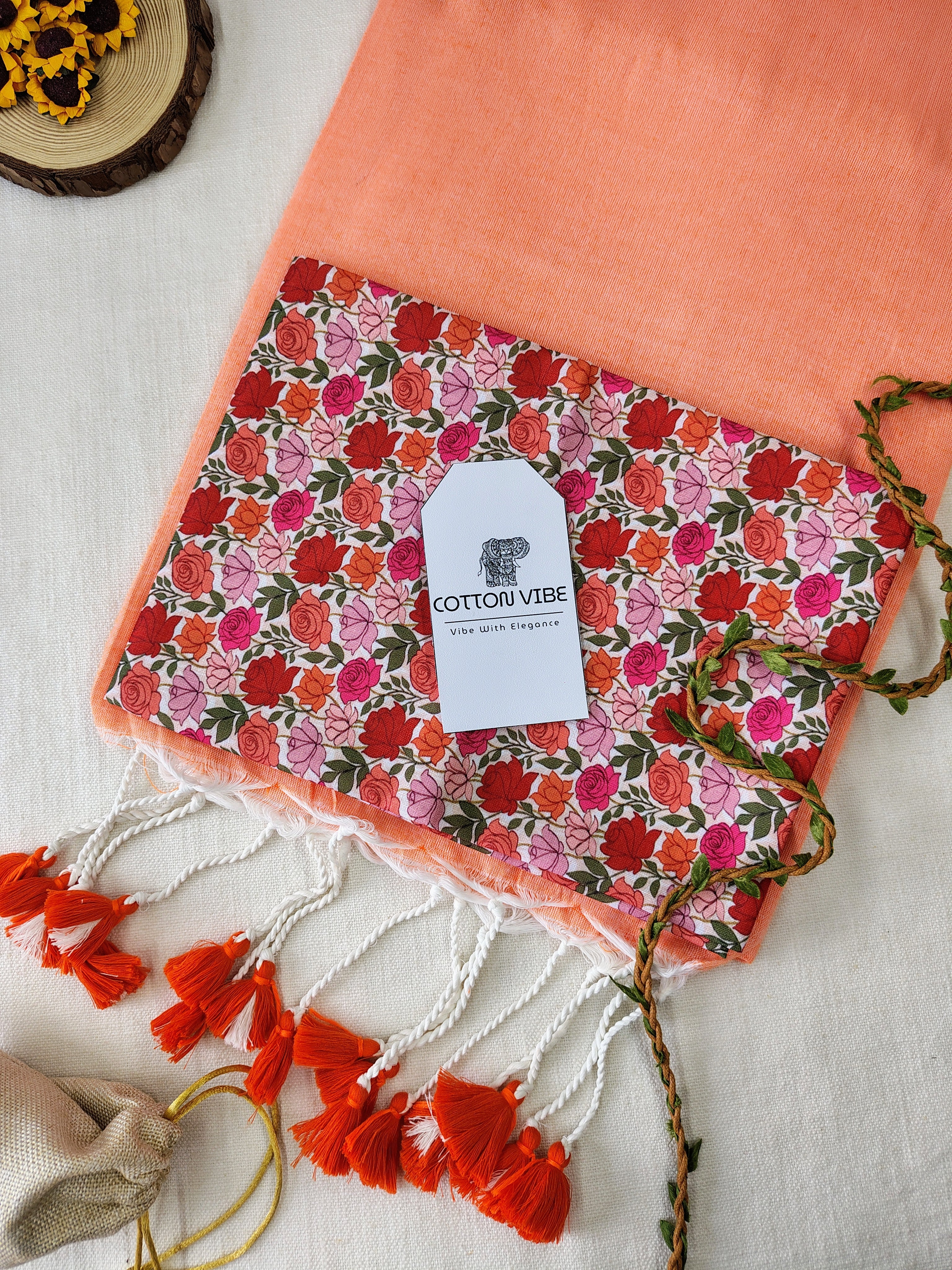 Orange Cotton Khadi Saree With Designer Flower Based Printed Blouse