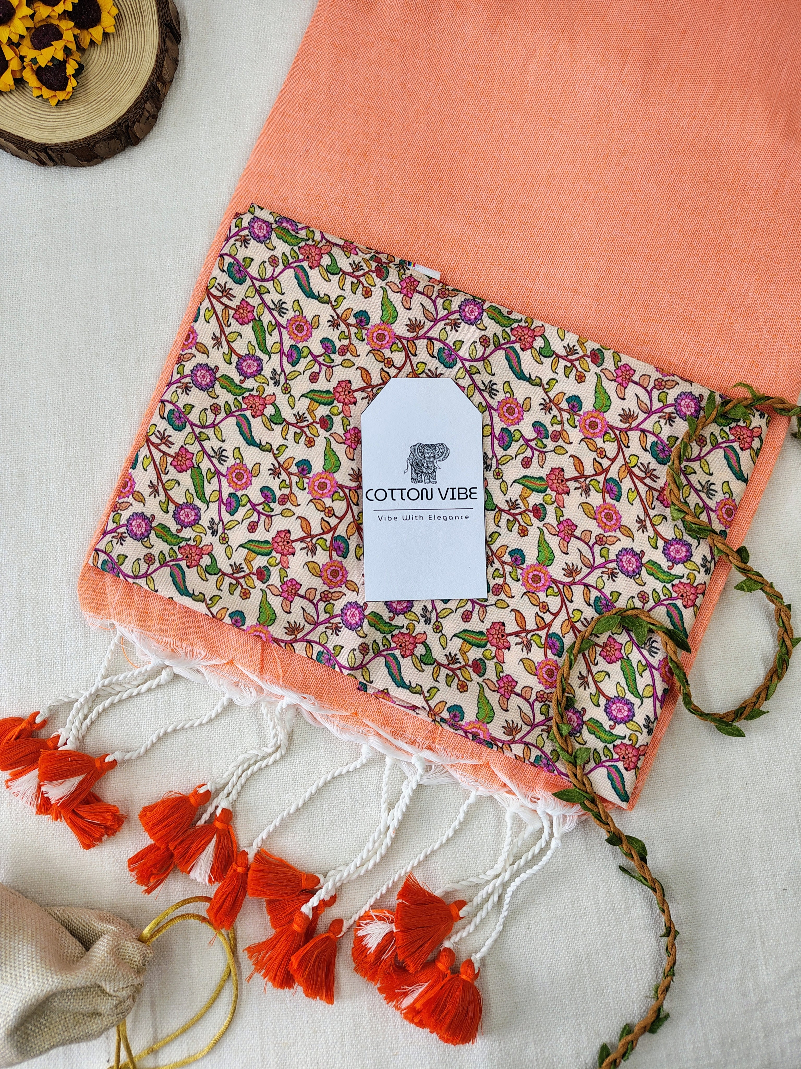 Orange Cotton Khadi Saree With Designer Flower Based Printed Blouse