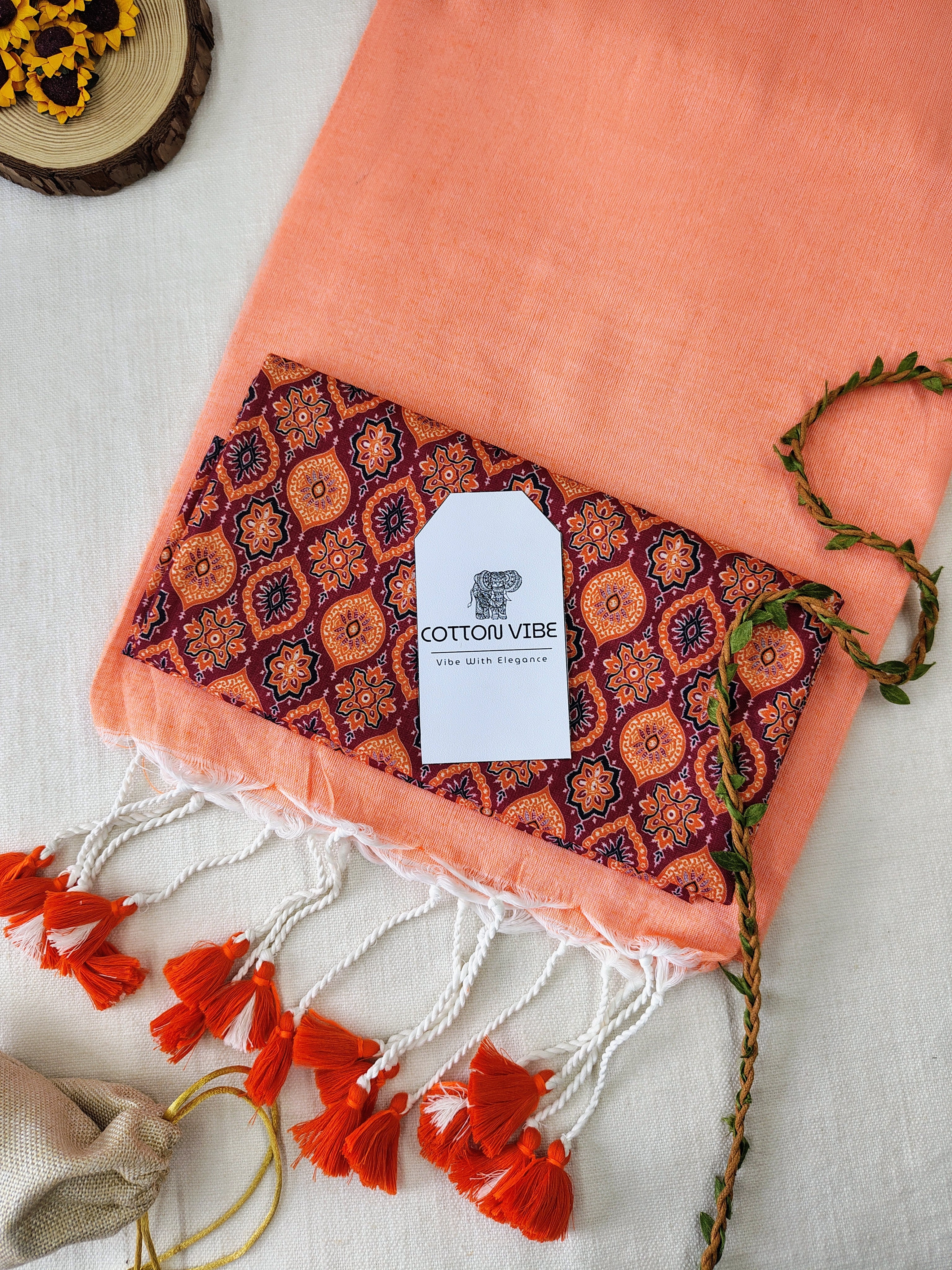 Orange Cotton Khadi Saree With Designer Flower Based Printed Blouse