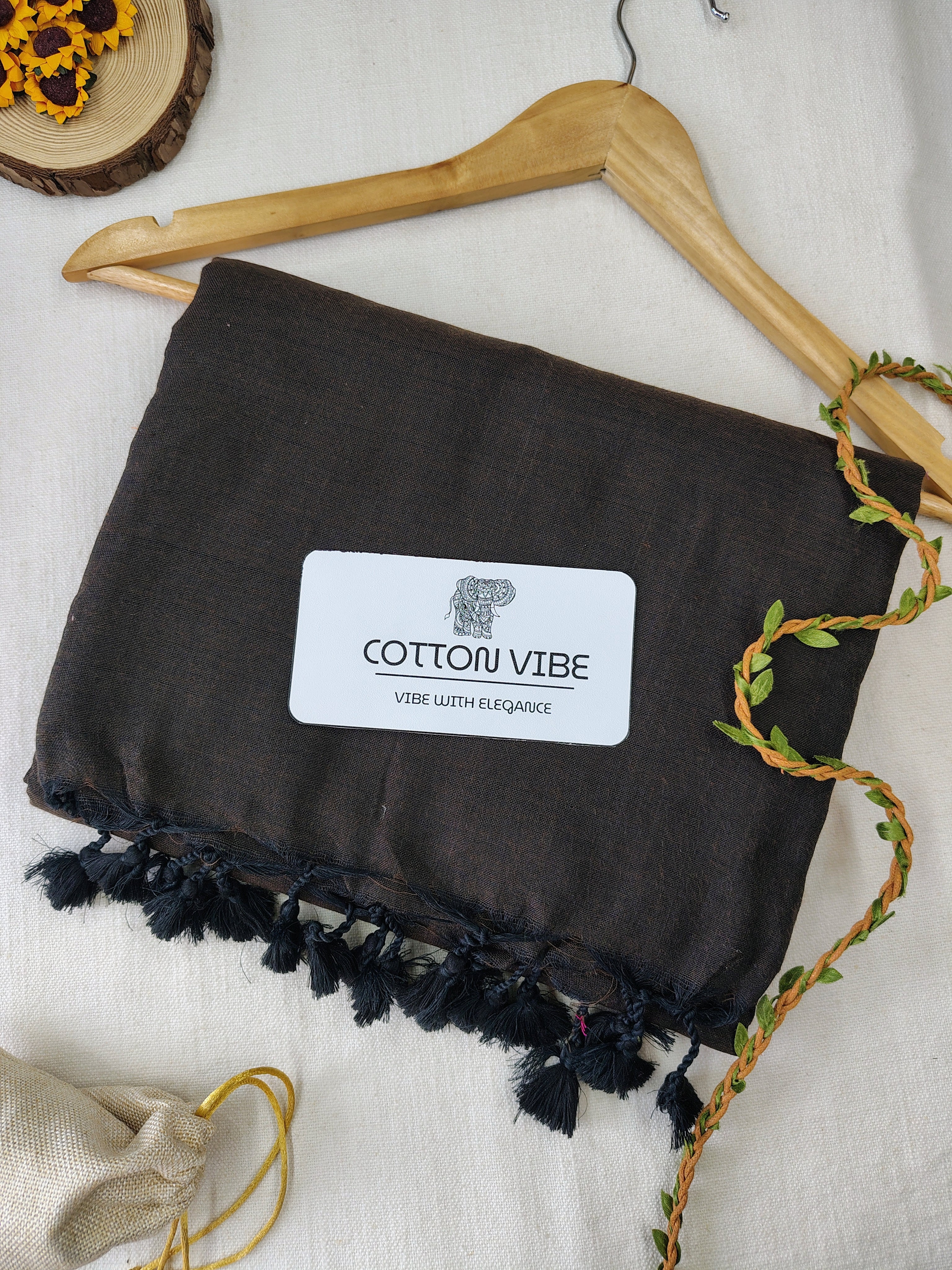 Brown Cotton Khadi Saree With Designer Flower Based Printed Blouse