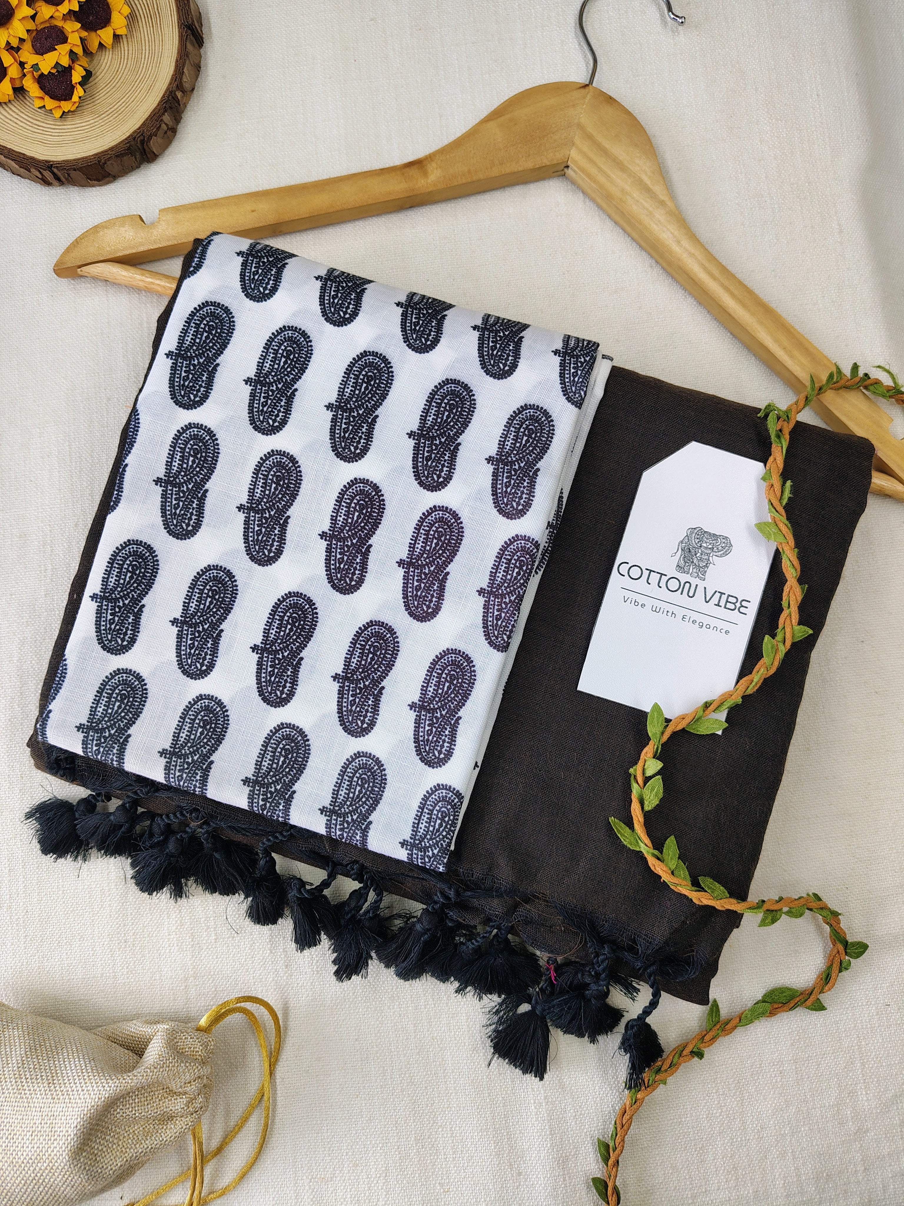 Brown Cotton Khadi Saree With Designer Flower Based Printed Blouse