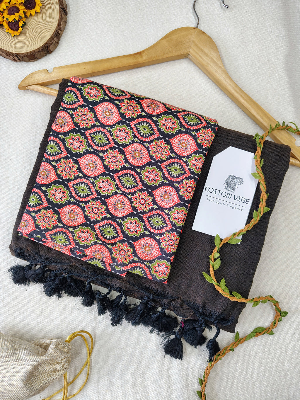 Brown Cotton Khadi Saree With Designer Flower Based Printed Blouse