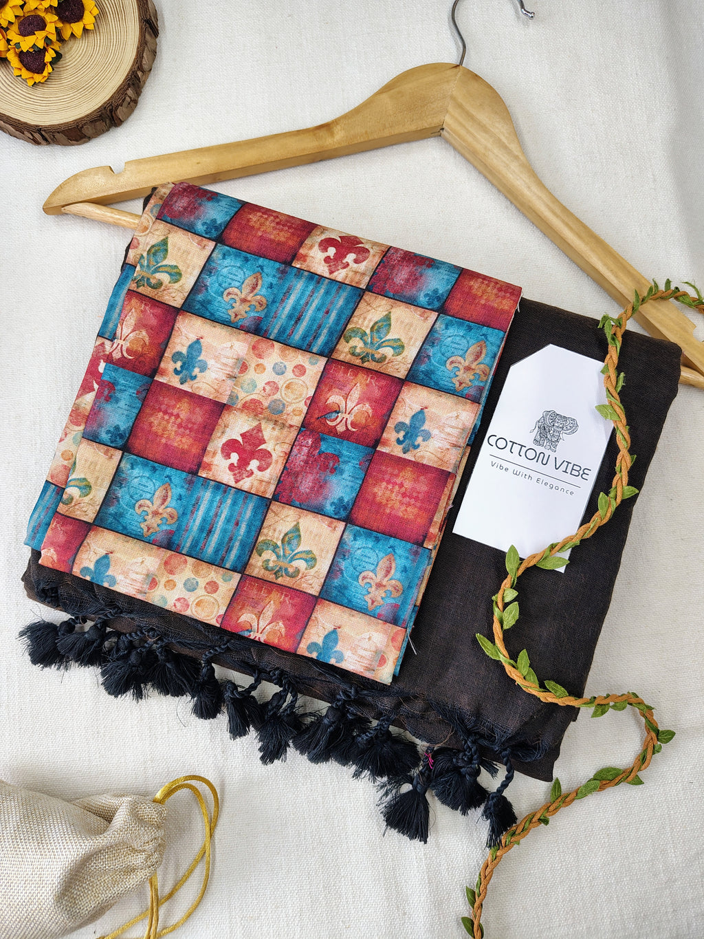 Brown Cotton Khadi Saree With Designer Flower Based Printed Blouse