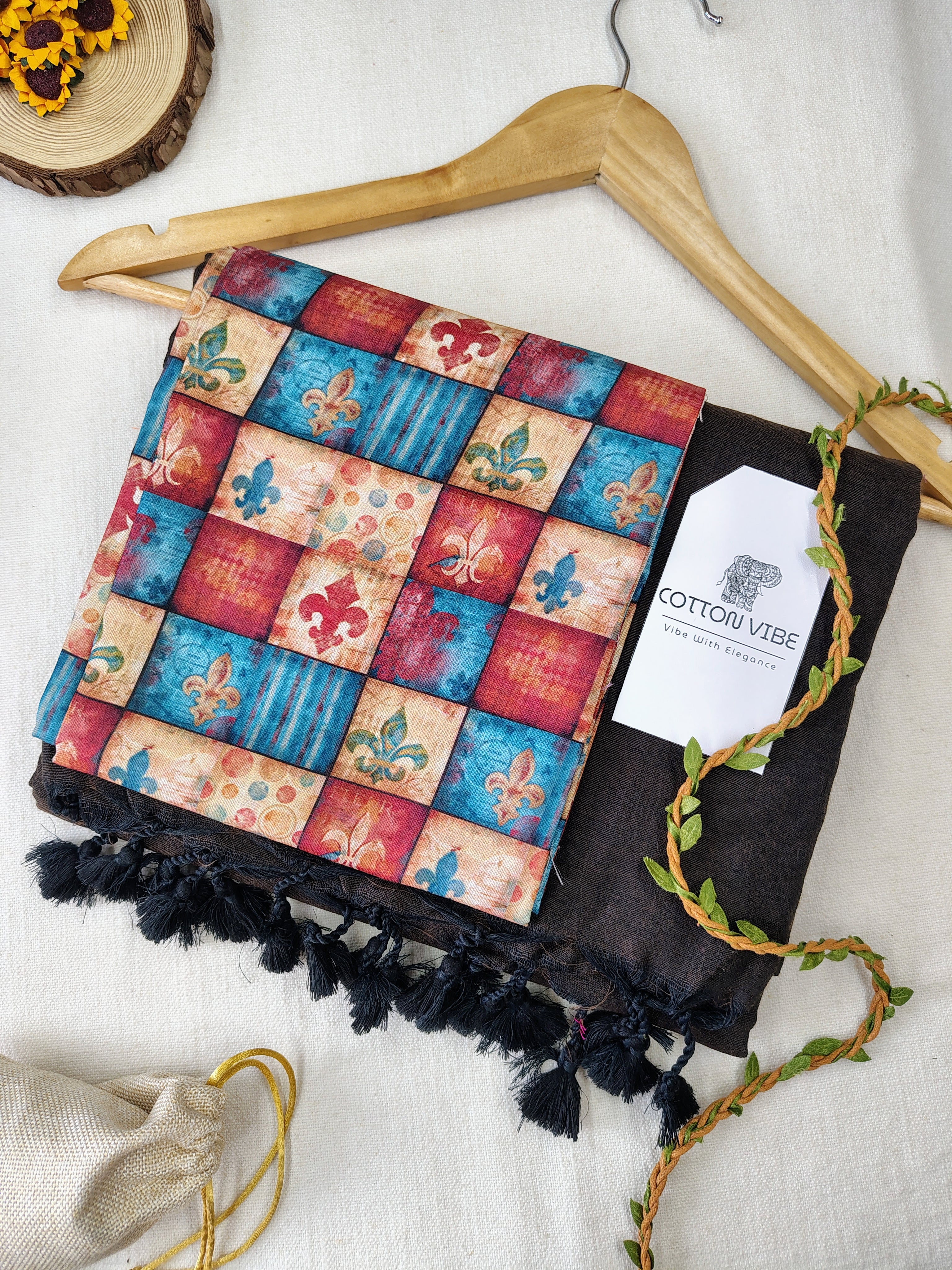 Brown Cotton Khadi Saree With Designer Flower Based Printed Blouse