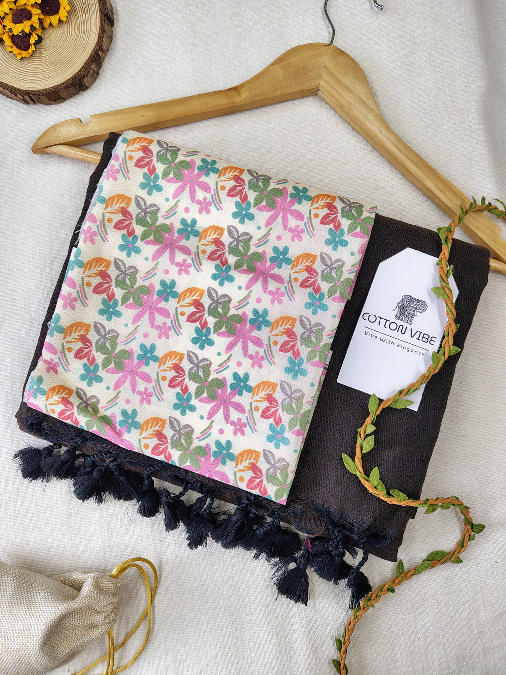 Brown Cotton Khadi Saree With Designer Flower Based Printed Blouse