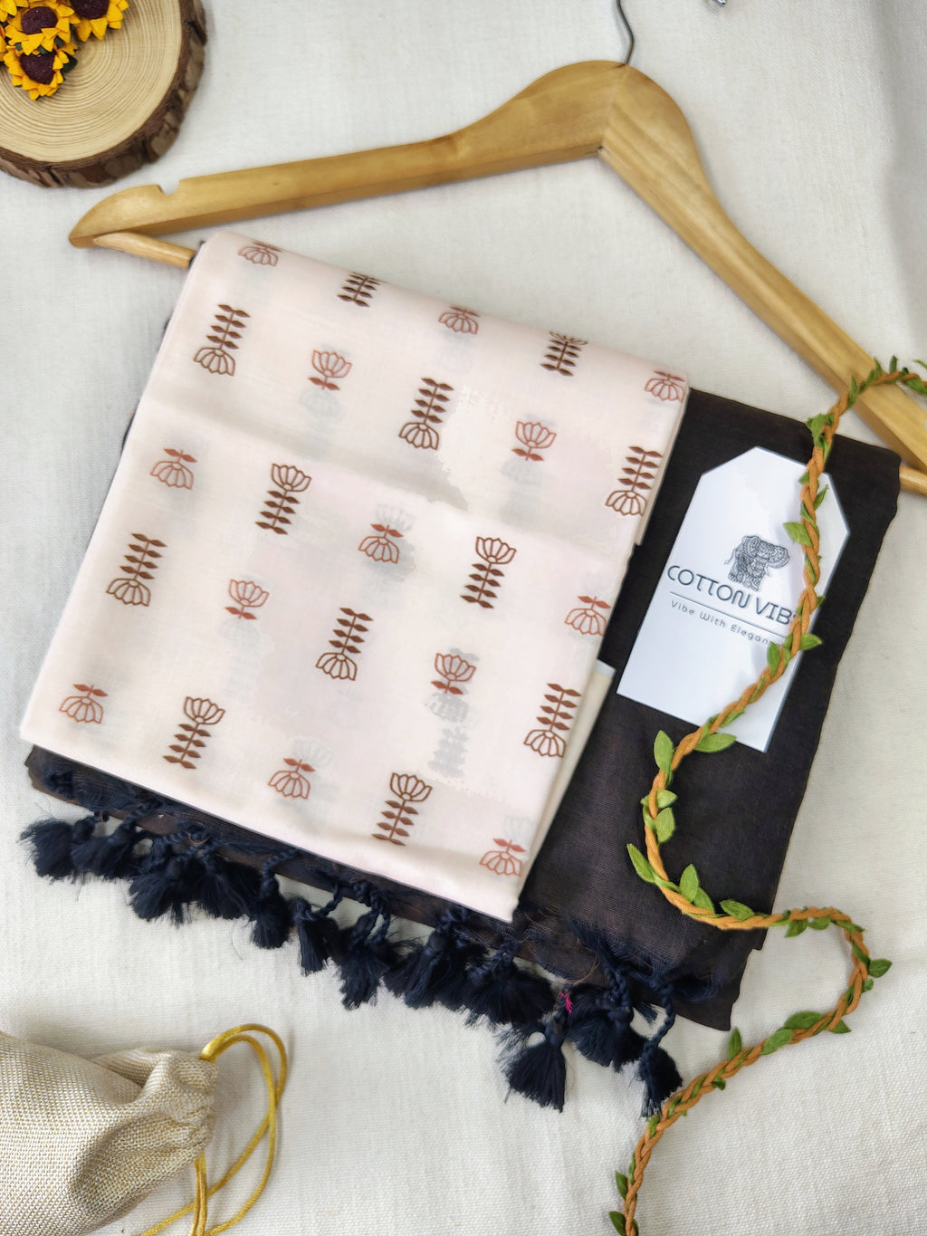 Brown Cotton Khadi Saree With Designer Flower Based Printed Blouse