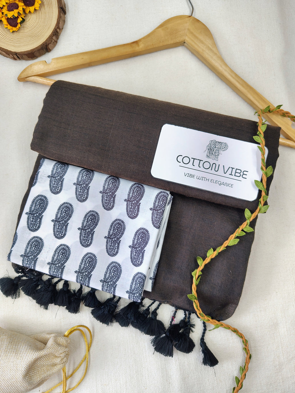 Brown Cotton Khadi Saree With Designer Flower Based Printed Blouse