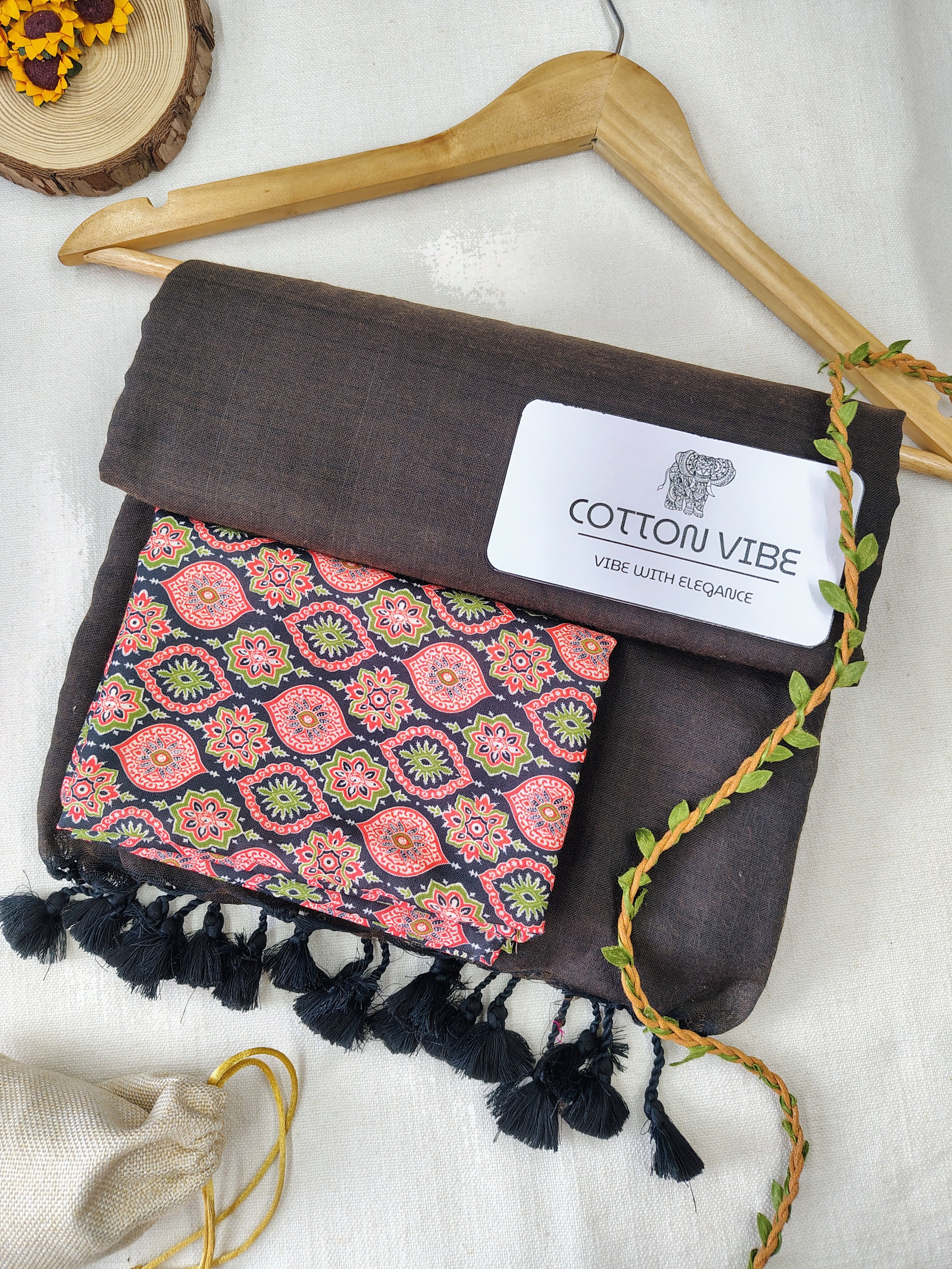 Brown Cotton Khadi Saree With Designer Flower Based Printed Blouse