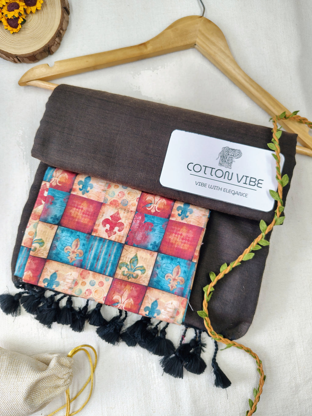 Brown Cotton Khadi Saree With Designer Flower Based Printed Blouse