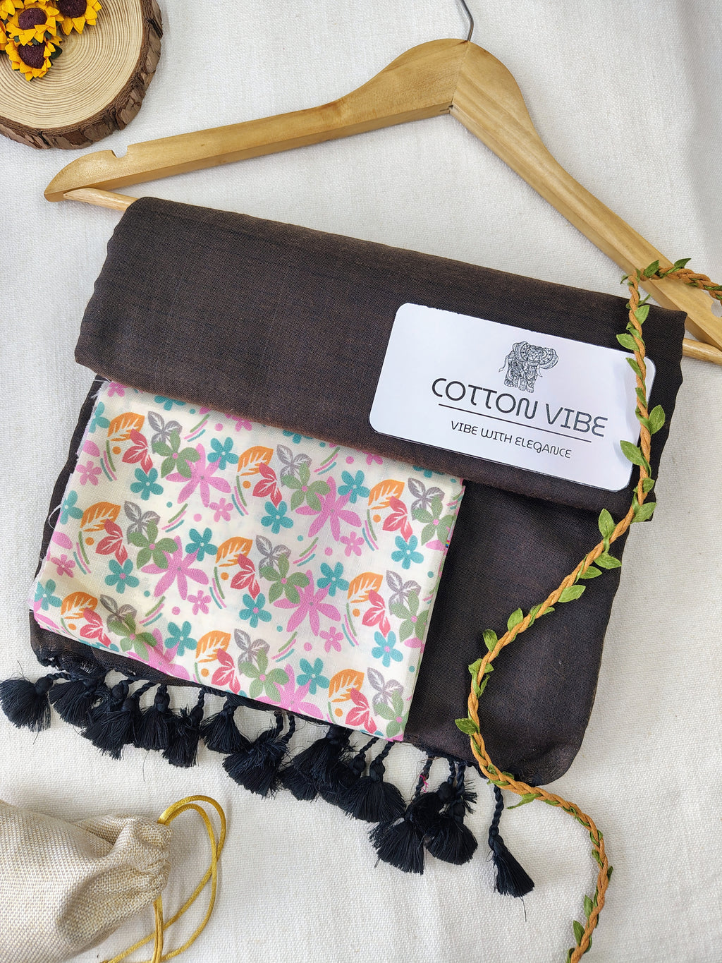 Brown Cotton Khadi Saree With Designer Flower Based Printed Blouse