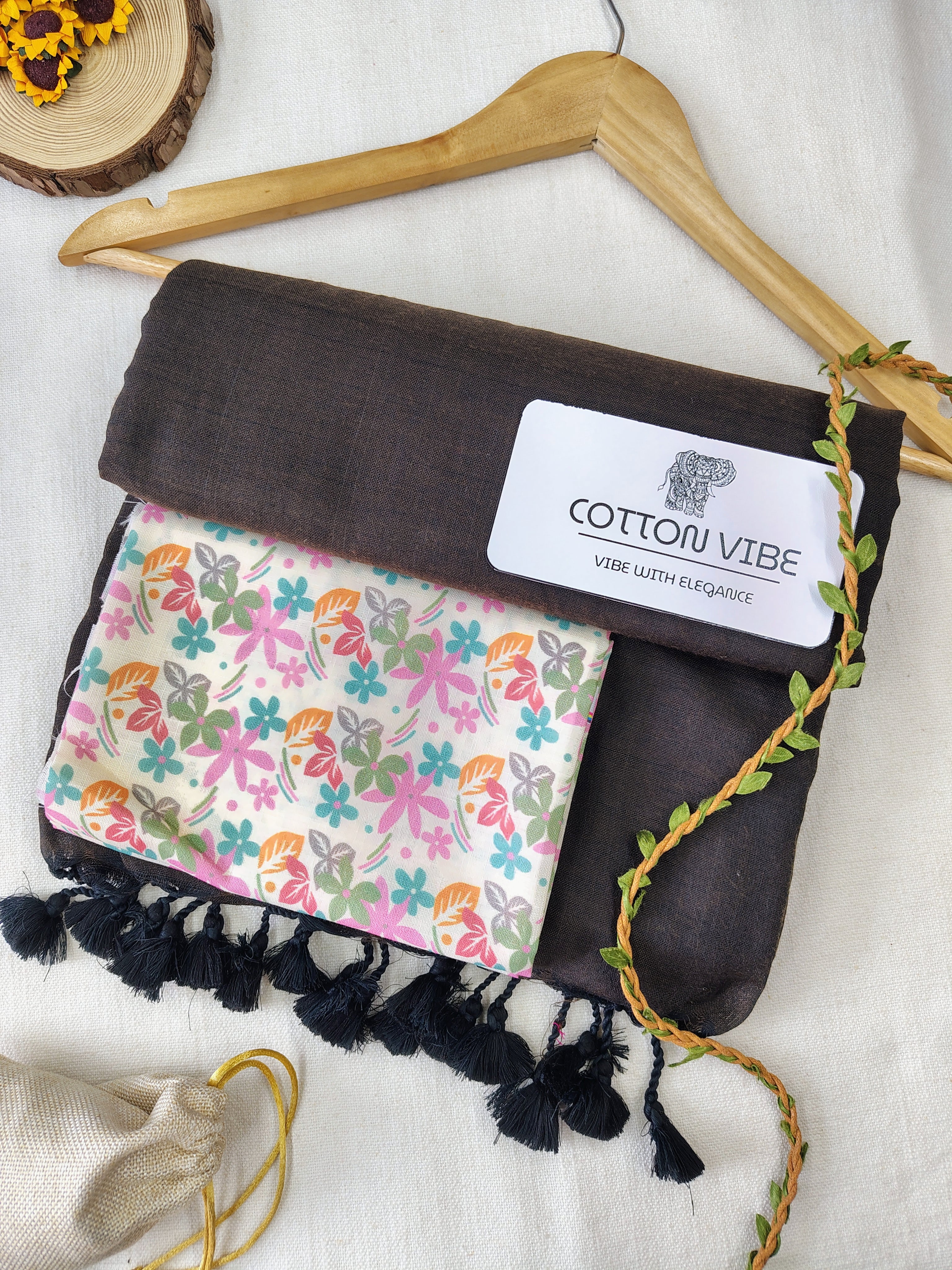 Brown Cotton Khadi Saree With Designer Flower Based Printed Blouse